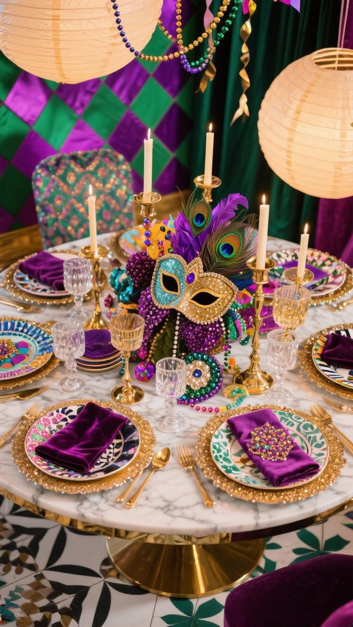 Overhead tabletop shot, Carnival Maximalist Mix: bold patterned backdrop hints of harlequin diamonds in purple and green; marble or mirrored table surface piled with mixed-print plates, beaded chargers, velvet napkins, and glass candlesticks at varying heights; jewel tones with gold and iridescent accents everywhere; glitter-dusted centerpiece with oversized mask details and peacock feathers; bead garlands and ribbon streamers drifting into frame from above, paper lanterns overhead out of focus; patterned floor tiles or a graphic rug peeking at the edge; theatrical, layered, high-sparkle look, photorealistic.