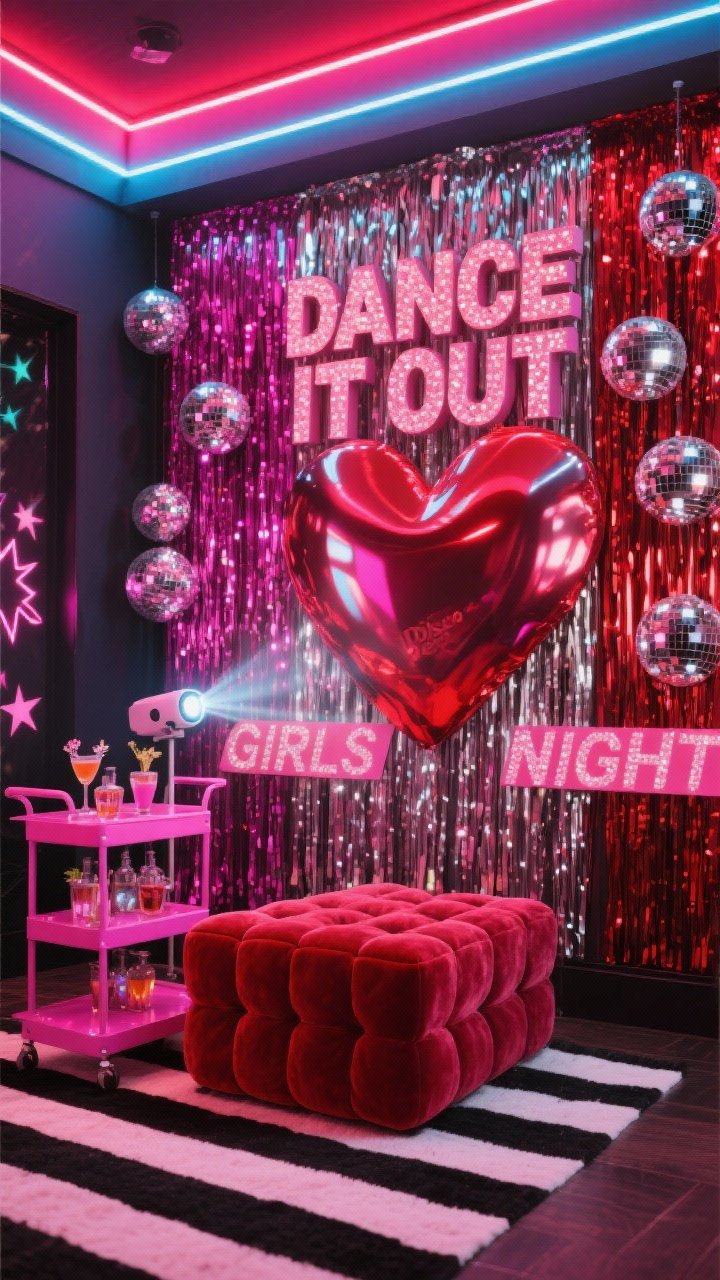 Photorealistic medium shot, dynamic angle capturing height: a “Disco Heart Dance Den” wall draped in metallic fringe curtains alternating fuchsia and red, with mirrorball clusters at varying heights reflecting light; chunky block-letter signs in shimmery cardstock reading “DANCE IT OUT” and “GIRLS NIGHT”; oversized chrome-red heart cutouts bouncing reflections; a ruby velvet modular ottoman in front for lounging; glossy pink bar cart stocked with sparkling mocktails; color-changing LED strip tracing the ceiling line casting club-like magenta-red-blue glow; a small disco projector spraying rotating star patterns; black-and-white striped rug grounding the scene; high-energy sparkle, no people.