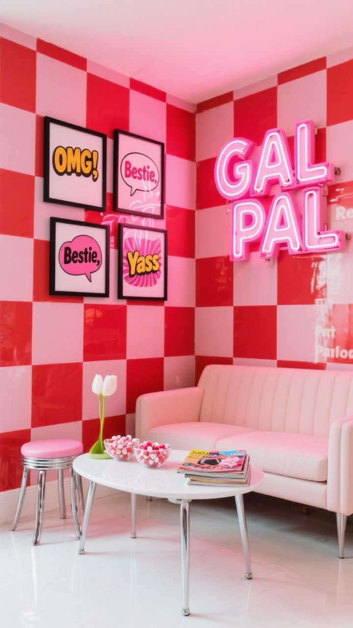 Photorealistic medium shot from a corner angle: a “Retro Pop Art Parlor” wall covered in lipstick-red and blush checkerboard decals, with framed pop art prints featuring chunky-font speech bubbles (“OMG,” “Bestie,” “Yass”) layered over the pattern; DIY hot pink marquee letters spelling GAL PAL glowing along the backdrop; a bubblegum vinyl mid-century loveseat with chrome-legged stools nearby and a white tulip coffee table holding bowls of candy hearts and stacked cute magazines; palette of candy-apple red, cotton-candy pink, crisp white, and pops of black outlines; glossy finishes that bounce light for high-contrast, punchy reflections; bright, evenly lit scene, no people.