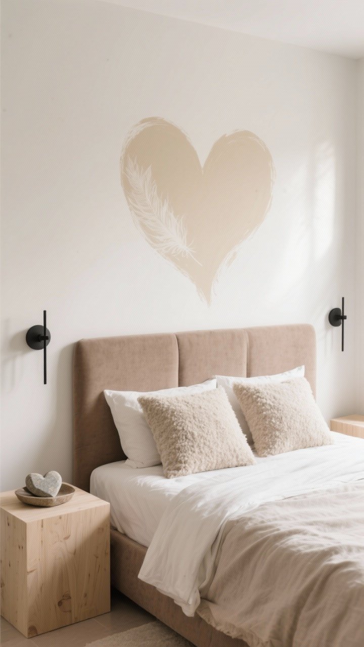 Photorealistic medium shot, minimalist bedroom with warm white walls and a taupe upholstered headboard; behind the headboard a tone-on-tone soft-edge heart silhouette painted oat on cream with feathered, dry-brushed edges for a dreamy fade; balanced by a slim black sconce pair flanking the bed; linen bedding and bouclé pillows add texture; pale wood cube nightstands, one holding a small stone tray with a heart-shaped pebble; calm, symmetrical composition, diffused morning light.