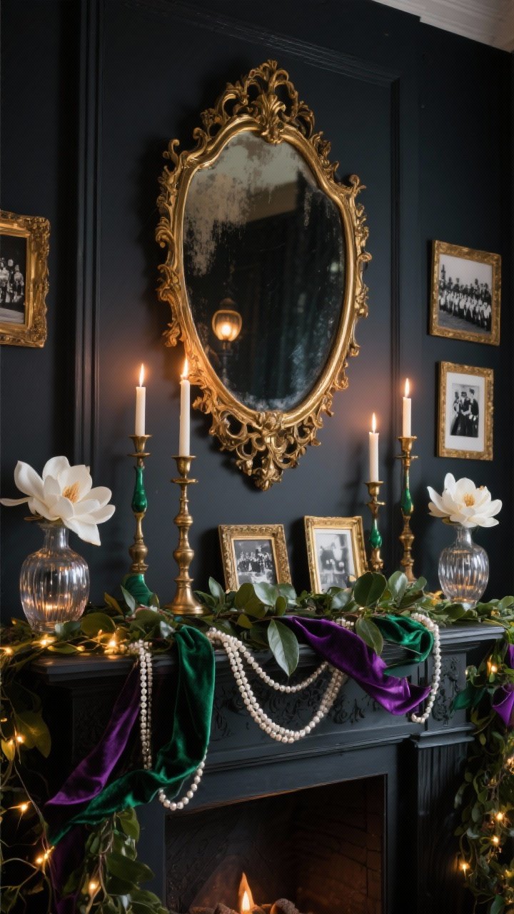 Photorealistic medium shot of a moody mantel styled for “Gilded Gaslamp Glamour”: deep charcoal wall, a large slightly foxed ornate gold mirror centered, antique brass candlesticks in varied heights with flickering flames evoking gaslight, magnolia leaf garland draped across the ledge with emerald and amethyst velvet ribbons woven through, vintage mercury glass vases at both ends filled with white camellias, layered pearl strands and slim gold picture frames with black-and-white parade photos, warm fairy lights subtly woven under the greenery for a soft gaslit glow; color palette: charcoal, gold, emerald, amethyst, ivory; straight-on view, evening ambient lighting.
