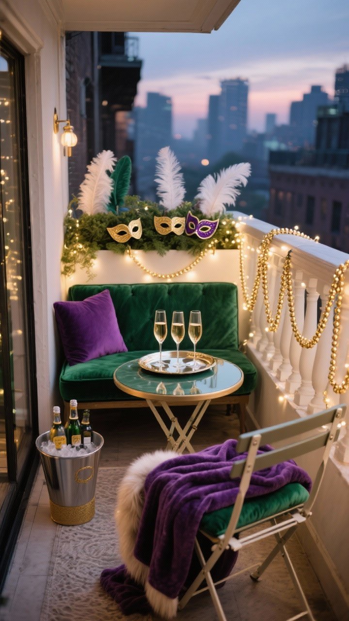 Photorealistic medium shot of a tiny balcony transformed into a “beads & bubbles” lounge at dusk: a folding bistro set with plush emerald seat cushions, deep purple throw blankets, and a small round drink table topped with a mirrored tray holding champagne coupes; warm white fairy lights wrapped along the railing with draped strands of gold beads on clip-on railing hooks; a narrow planter filled with feathered masks and faux greenery as the centerpiece; color palette of emerald, amethyst, antique gold with tiny pops of ivory; include a faux fur throw tucked over one chair and a small ice bucket of mini bottles; soft, twinkling ambient lighting, city backdrop subtly blurred.