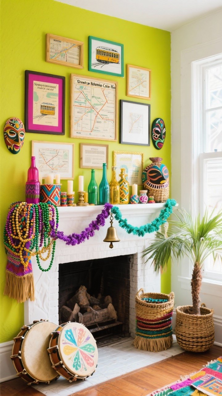 Photorealistic medium shot of “Streetcar Bohemian Color Riot”: lively chartreuse wall (or clean white) with a collage of vintage streetcar route maps in mismatched frames centered above the mantel; mantel piled with patterned candles, colorful glass bottles, and woven baskets; tangled beads in classic purple, green, and gold; a couple of hand-painted tambourines leaning casually; fringe-trimmed garland, folk-art masks, and a small potted palm for height; vibrant color palette of chartreuse, magenta, emerald, gold, teal; streetcar bell pull–style ribbon draped from one end to the other; bright, energetic daylight; angled perspective from the right for dynamic layers.