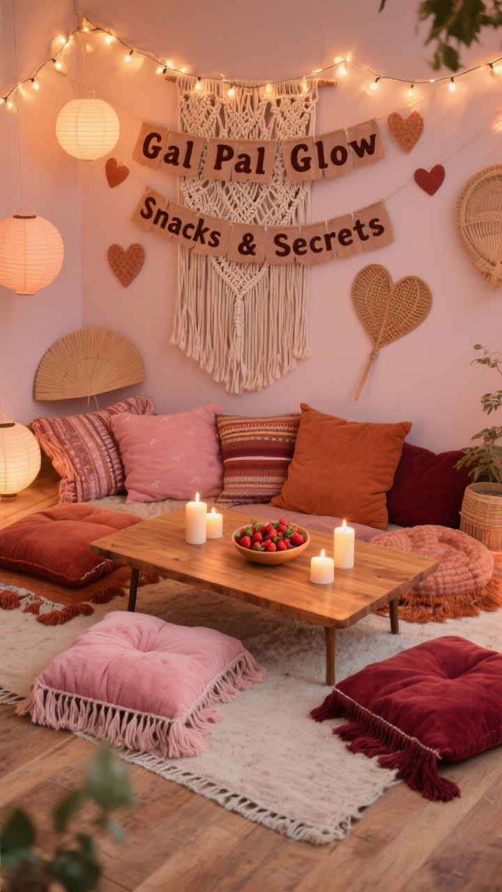 Photorealistic overhead detail shot: “Boho Heart Camp” floor styling with layered floor cushions in rose, rust, and cranberry, tasseled throws, and a low mango-wood coffee table; on the table, clustered candles and a bowl of fresh strawberries; warm fairy lights stringing across the top edge of frame for soft sparkle; along the top margin, a glimpse of a macrame backdrop with woven-in felt letter banners reading “Gal Pal Glow” and “Snacks & Secrets”; additional backdrop elements include paper lanterns and heart-shaped rattan fans; palette of dusty rose, terracotta, garnet, and creamy neutrals; cozy, diffused warm lighting, no people.