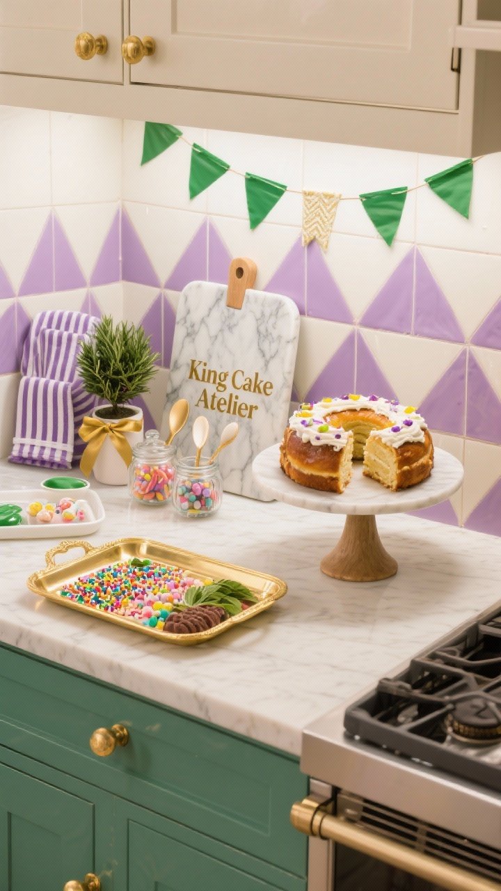 Photorealistic overhead detail shot of a kitchen counter “King Cake Atelier”: items corralled on trays—one gilded tray with colorful sprinkles and toppings, one marble board with sliced king cake, and a short pedestal displaying the whole cake; backdrop of removable tile decals in geometric purple and green; string pennants clipped under upper cabinets; a tiny potted rosemary topiary tied with a gold ribbon; glass jars filled with candies and small scoops; striped dish towels; color scheme of cream, gold, violet, and leafy green; bright task lighting creating appetizing highlights on icing and marble.