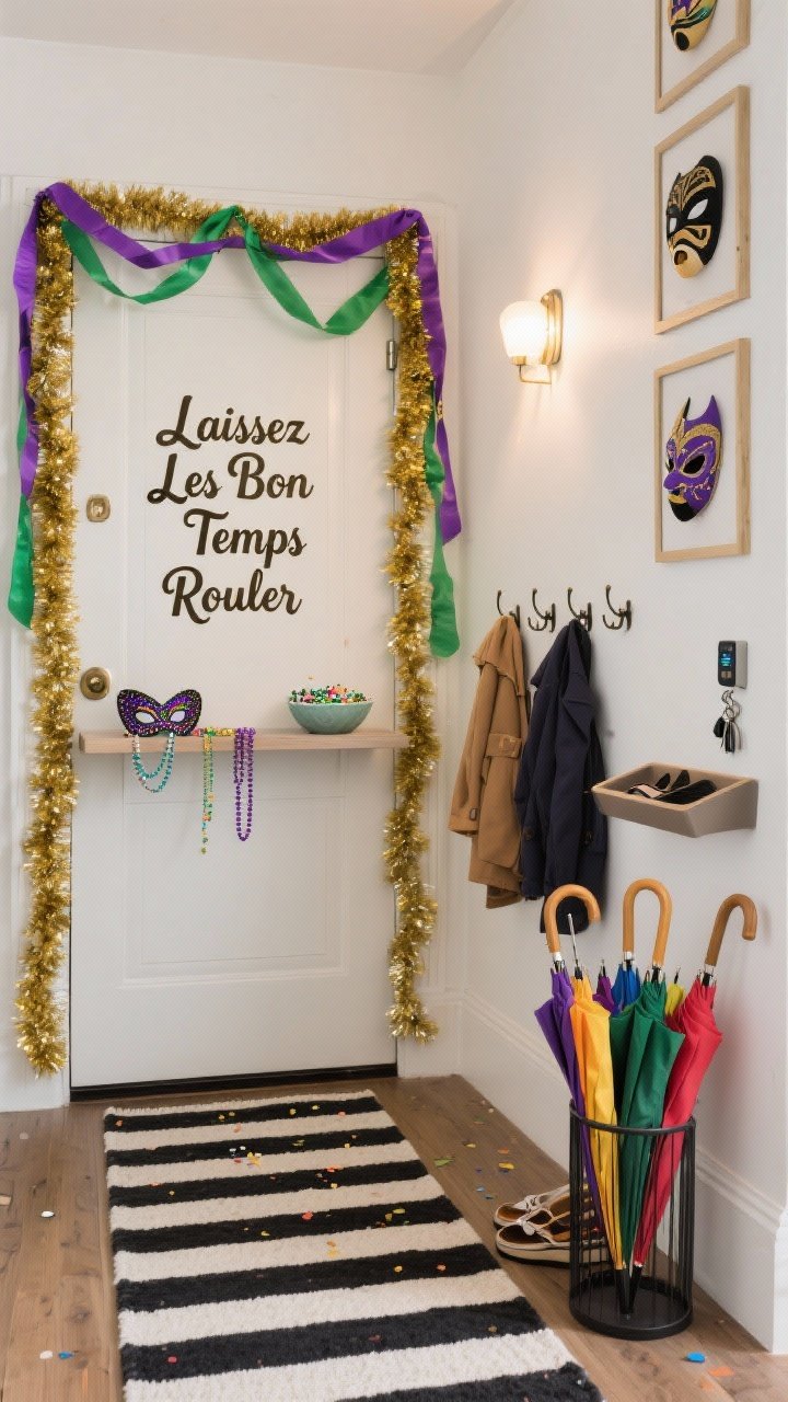 Photorealistic straight-on medium shot of a parade-inspired entryway: door framed with gold tinsel garland and purple/green streamers; slim floating shelf holding masks, beads, and a small bowl of biodegradable confetti; striped runner rug on the floor; narrow umbrella stand filled with colorful parasols; peel-and-stick wall decal reading “Laissez Les Bon Temps Rouler”; functional hooks for coats, a compact shoe tray, and a small catchall for keys; battery-powered sconce or LED picture light providing bright, welcoming illumination; command hooks displaying masks vertically like a gallery wall.