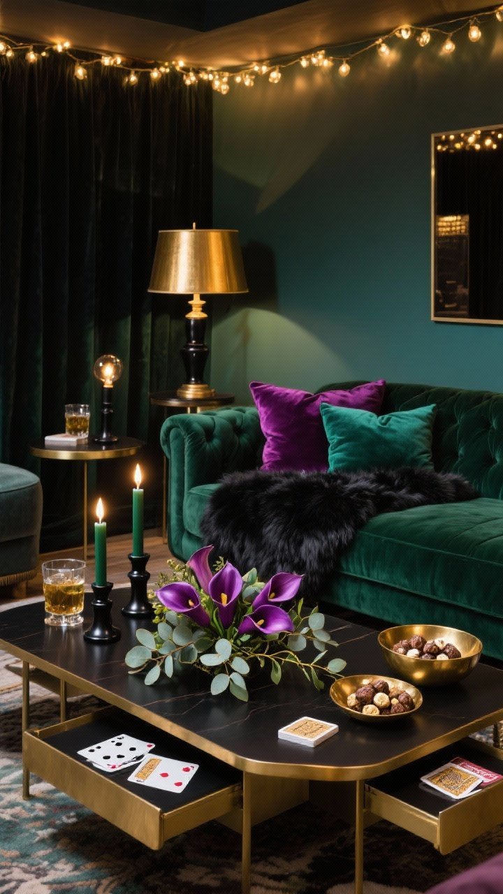 Photorealistic wide living-room shot of a sofabed speakeasy scene: sofa layered with jewel-toned velvet pillows and a black faux fur throw; coffee table styled with a low floral arrangement of deep purple calla lilies, eucalyptus, and gold eucalyptus spray; taper candles in black or deep green in weighted holders; edison-bulb fairy lights strung around the ceiling perimeter casting warm, intimate glow; a table lamp with a gold shade adding ambient light; moody palette of midnight green, plum, black, and champagne gold; nesting side tables partially pulled out with drinks, plus a deck of vintage-style playing cards and a brass bowl of pralines.