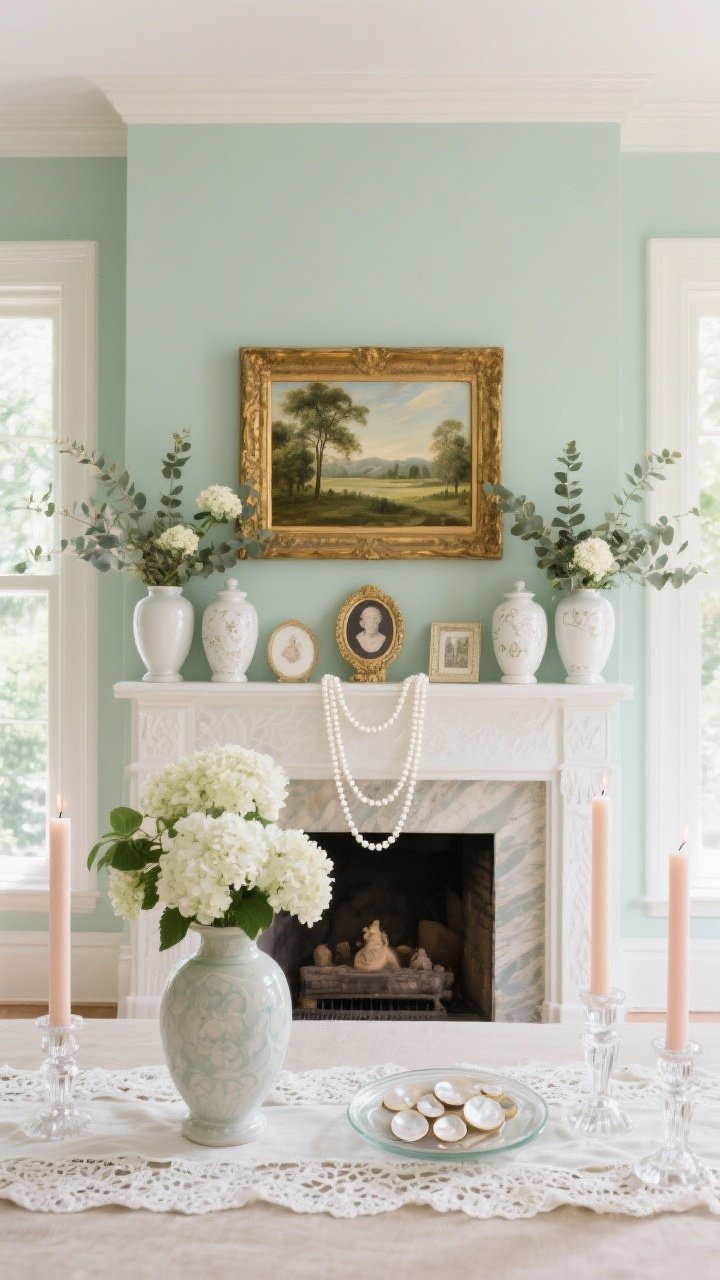 Photorealistic wide room shot of “Garden District Grandeur”: soft sage/celadon wall, a large gilded frame layered around a smaller oil painting of a Southern landscape centered above the mantel; symmetrical arrangement of white ginger jars and pale ceramic urns filled with eucalyptus and hydrangeas; lace-trimmed runners across the mantel; pearl necklaces casually looped over a vase neck; subtle accents like vintage cameo portraits and a glass dish holding mother-of-pearl buttons; pair of crystal candlesticks with thin blush or cream tapers; bright natural daylight for an airy, refined feel; straight-on, balanced composition.
