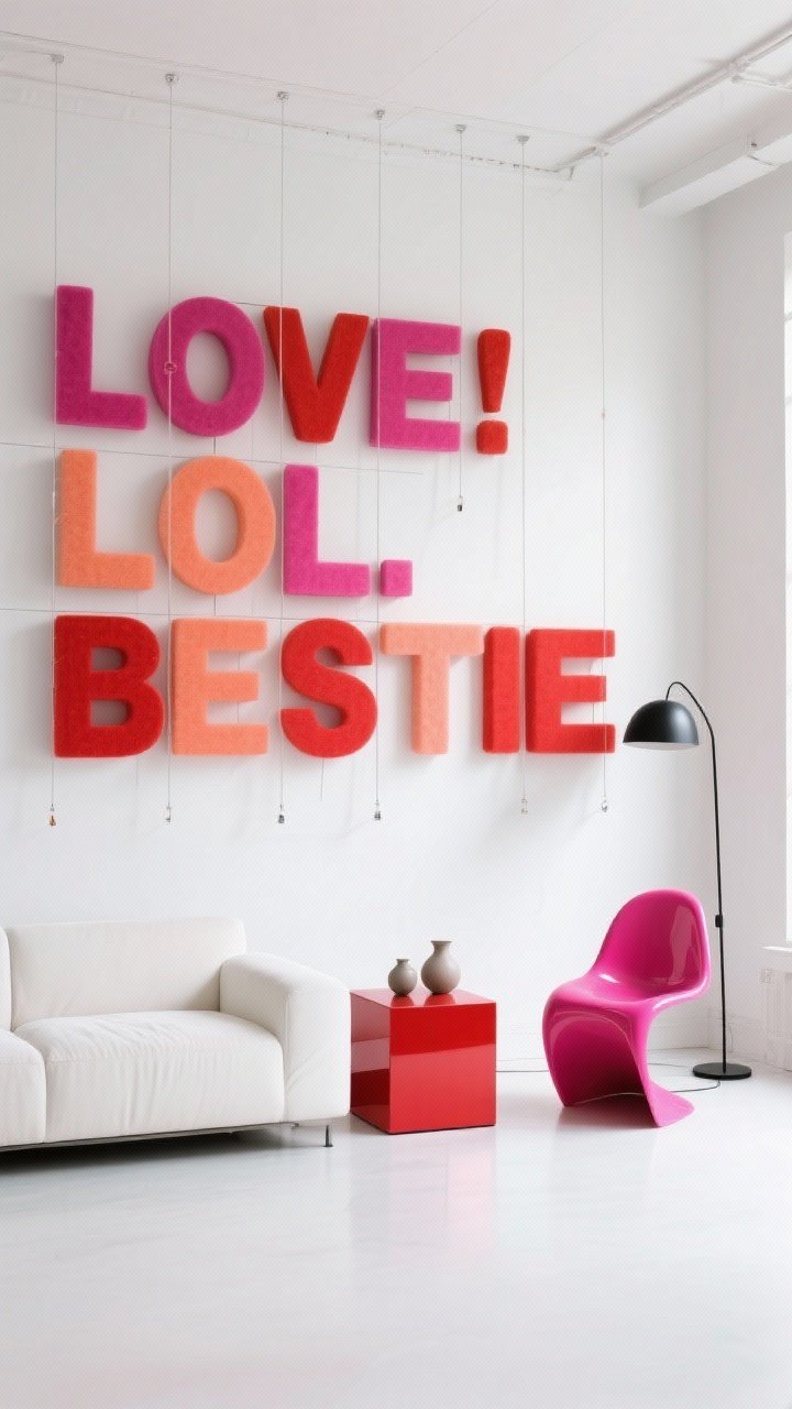 Photorealistic wide shot, gallery-clean straight-on: a bright white “Graphic Modern Loft” wall with a modular typography grid of large foam letters in magenta, coral, and scarlet forming intersecting words (LOVE, LOL, BESTIE) like a crossword; some extra letters suspended slightly in front of the wall on clear fishing line for 3D depth; crisp furnishings including a low-profile white sofa, a red lacquer cube side table, and a single sculptural hot pink chair; a sleek thin-stem black floor lamp; high-gloss accents contrasted with matte ceramics on the side table; minimal clutter and strong negative space; bright, even daylight, no people.