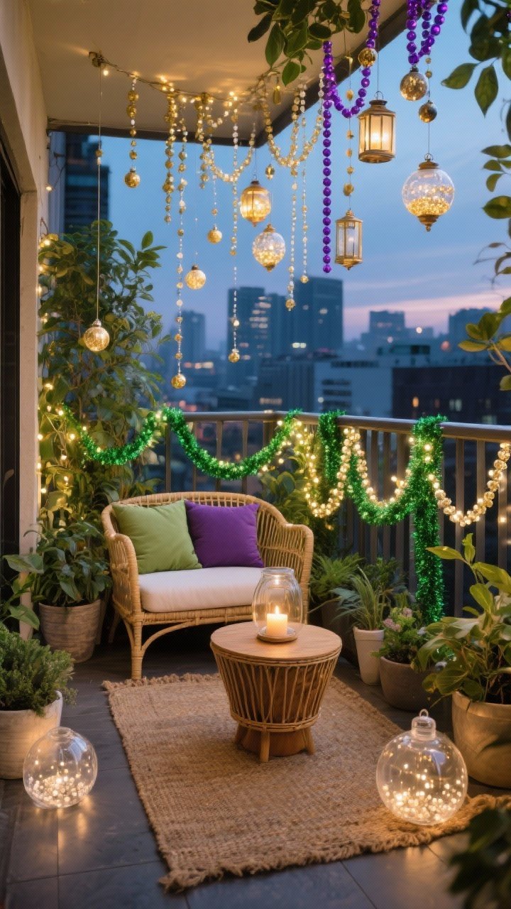 Wide balcony scene at dusk: urban oasis with layered greenery. Warm white LED string lights woven through planters, gold and purple bead garlands draped like vines among foliage, green tinsel sparingly wrapped on railings to mimic leaves. A compact rattan loveseat with outdoor pillows in jade, violet, and gold; a small drum center table topped with a glass hurricane and LED candle. Overhead cluster of hanging beads and mini lanterns; jute/outdoor rug underfoot. Clear plastic ornaments filled with beads hang at varying heights. Photorealistic, corner angle.