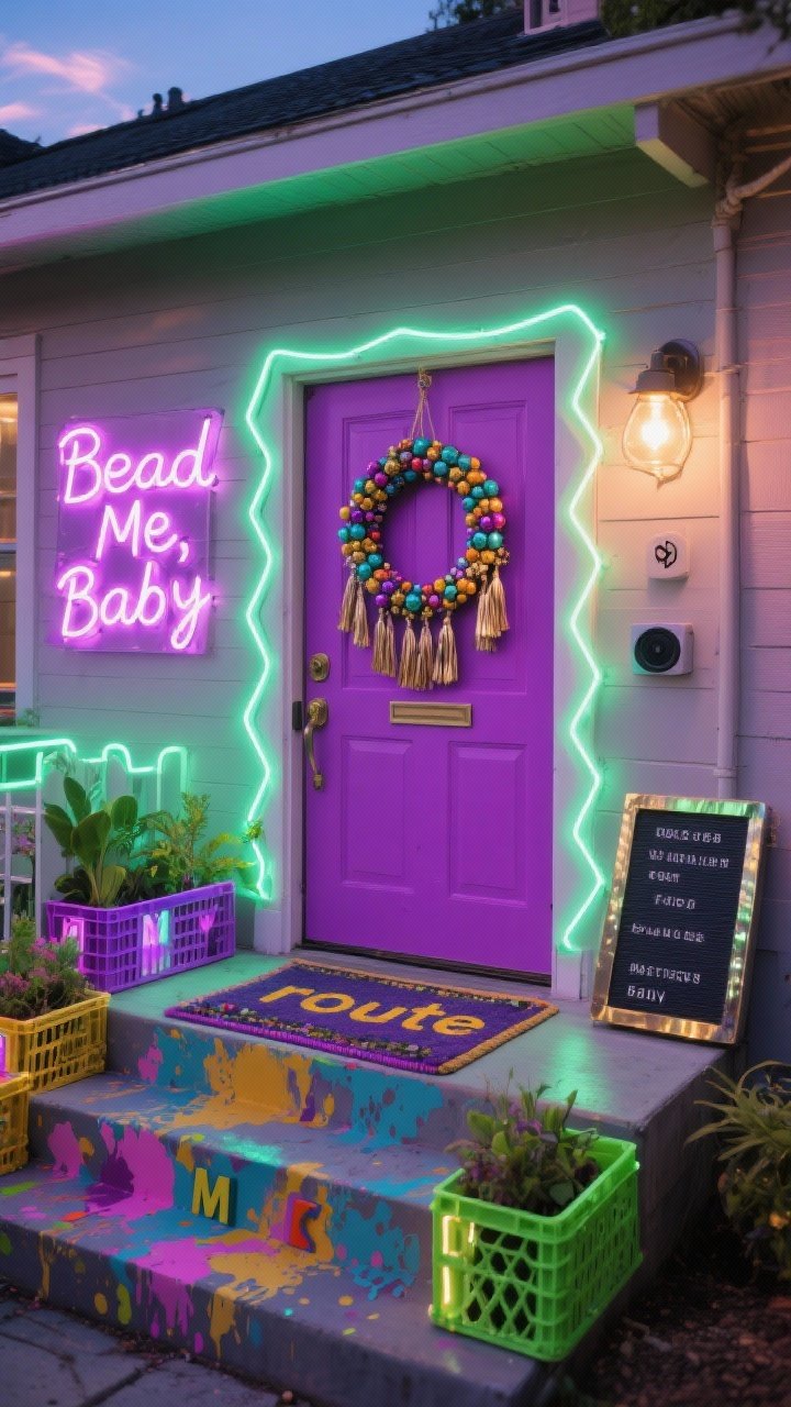 Wide, energetic straight-on shot with neon vibes at twilight: a bright-painted door in electric purple framed by neon rope lighting in a zig-zag outline; a beaded wreath bursting with chunky bead clusters, metallic tassels, and a cheeky hand-lettered sign; paint-splatter outdoor rug “route” leading to the door; colorful milk-crate planters dotted on the steps; letter board reading “Bead Me, Baby”; a hidden Bluetooth speaker implied behind a planter; neon accents with purple, green, gold; acrylic, vinyl, lacquered metal textures; color-changing LED porch bulb casting a playful glow, photorealistic.