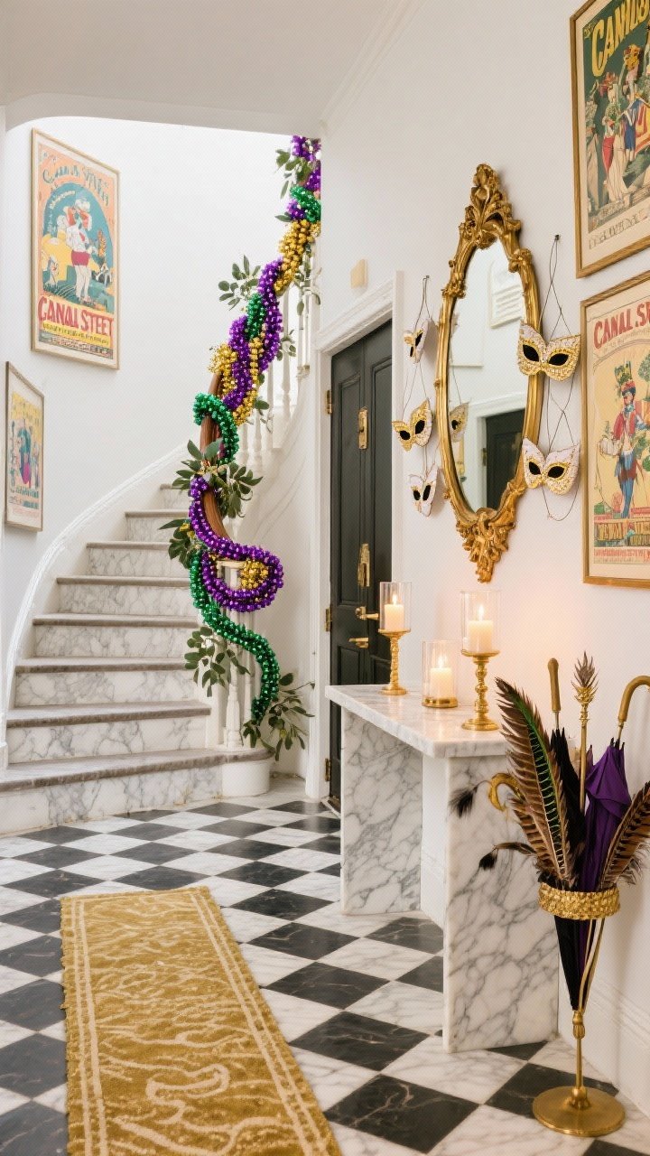 Wide entryway shot from the door: Canal Street–inspired foyer with a grand stair banister spiraled in purple, green, and gold bead garlands woven with eucalyptus and ostrich feathers; a large gilt mirror near the door rimmed with delicate mini masks attached by fine wire; checker-tile runner on the floor leading to a slim marble console topped with hurricanes and pillar candles; decorative umbrella stand filled with feathered scepters; framed vintage parade posters on the wall; color palette gold, white marble, jewel tones; textures gilt, marble, feathery botanicals; welcoming, festive glow, photorealistic.