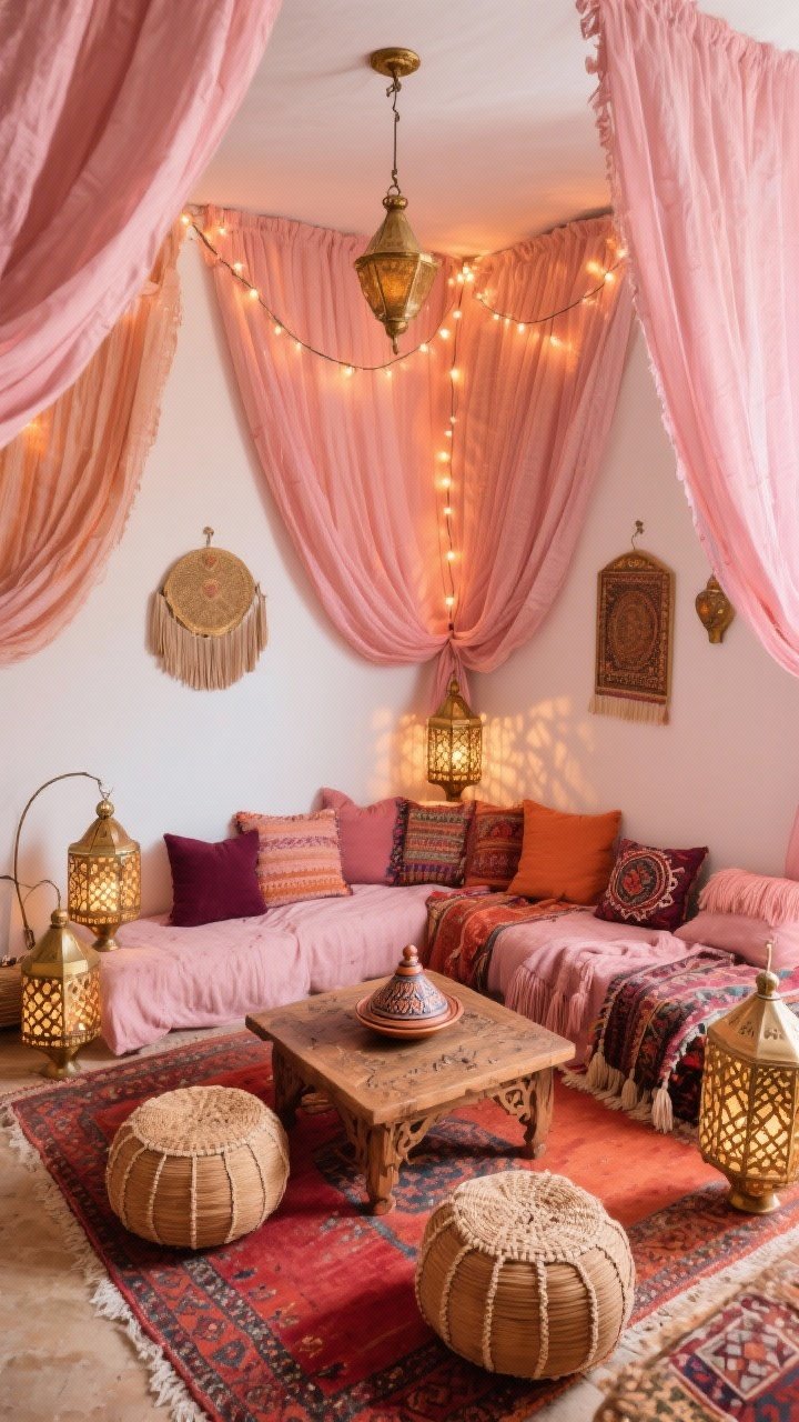 Wide overhead/corner view: Boho Marrakech-inspired hideaway where swaths of soft pink draping meet at a ceiling hook and spill down the wall, fairy lights woven between fabrics in blush, coral, and dusty rose. Layer Moroccan rugs in ruby and terracotta; arrange low rattan poufs around a carved mango wood coffee table. Cluster pierced brass lanterns casting patterned shadows; add tassel pillows, embroidered throws, and ceramic tagines as decor. Palette blush, coral, terracotta, brass, deep berry; lush, transportive; photorealistic, no people.