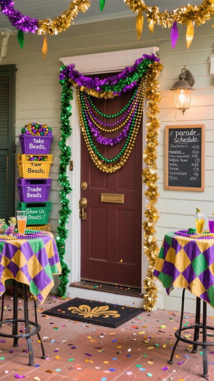 Wide porch scene bursting with abundance: doorframe wrapped in layered bead garlands, metallic festoon, and tinsel in classic purple, green, gold with metallic brights; a stacked crate display beside the door with clearly labeled bins “Take Beads,” “Trade Beads,” and “Show Us Your Beads!”; two bar-height bistro tables topped with Mardi Gras themed linens (Harlequin diamonds and fleur-de-lis) for setting drinks; a small chalkboard listing the “parade schedule”; confetti-sprinkled doormat; tinsel, beads, chalkboard textures; bright party lighting, photorealistic.
