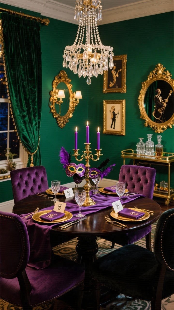 Wide room shot, Luxe French Quarter Glam dining room: deep emerald green walls with emerald velvet drapery, antique gold accents throughout; a dark round wood table centered, surrounded by tufted dining chairs in rich purple and black; overhead a crystal chandelier dripping with bead strands for drama; tabletop styled with a satin runner, gold charger plates, crystal stemware, and monogrammed linen napkins; a gilded candelabra centerpiece with tapered purple candles and glittery faux masks; gold-framed mirrors and vintage jazz prints on the walls, a bar cart with cut-glass decanters; feathered mask place cards at each setting; moody evening lighting, elegant Old World New Orleans atmosphere, photorealistic.