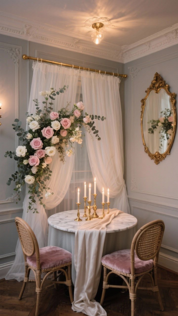 Wide room shot, Romantic Parisian Salon: an intimate dining nook in a classic greige-walled salon with delicate wall moulding and a ceiling reflecting warm candlelight; a petite round marble bistro table with cane-back bistro chairs with velvet seat cushions; behind, an ivory sheer voile backdrop swagged from a slim brass rod, wired with pale blush roses, white ranunculus, and eucalyptus so they appear to grow from the fabric; antique brass taper candle holders with candles at varying heights clustered on the table, silky table runner casually draped; a vintage gilt mirror reflecting the champagne glow; palette of ivory, blush, greige, brass; no people, photorealistic, straight-on perspective, evening candlelit ambience.
