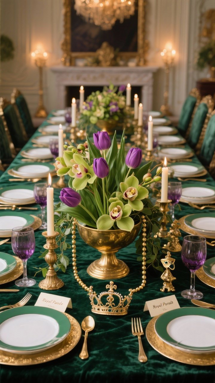 Wide room shot, straight-on: A regal “Royal Parade” dining scene with a deep emerald velvet tablecloth and antique gold chargers beneath white porcelain for sharp contrast. Center cluster of gold pedestals supporting overflowing bowls of amethyst tulips, green cymbidium orchids, and trailing ivy, interwoven with golden bead garlands and tiny crown figurines. Place settings feature white dinnerware with emerald rims, gold flatware, and amethyst wine glasses; aged-gold candlesticks with ivory tapers along the table. Mini mask place cards at each setting. Soft, warm candlelight highlighting velvet texture and antique gold patina, photorealistic.