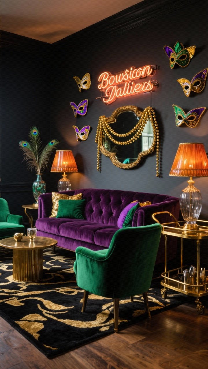 Wide shot: A moody Bourbon Street–inspired lounge with a deep plum velvet sofa and emerald green armchairs around a black-and-gold rug; a brass bar cart gleams to the side; classic Mardi Gras masks arranged as wall art above the sofa; gold bead garlands draped over a large mirror and coiled around lamp bases; tall glass vase with peacock feathers on a side table; vintage-style neon sign casting a warm glow; low lighting from amber glass lamps; color palette plum, emerald, black, gold; textures of velvet upholstery and burnished brass, photorealistic.