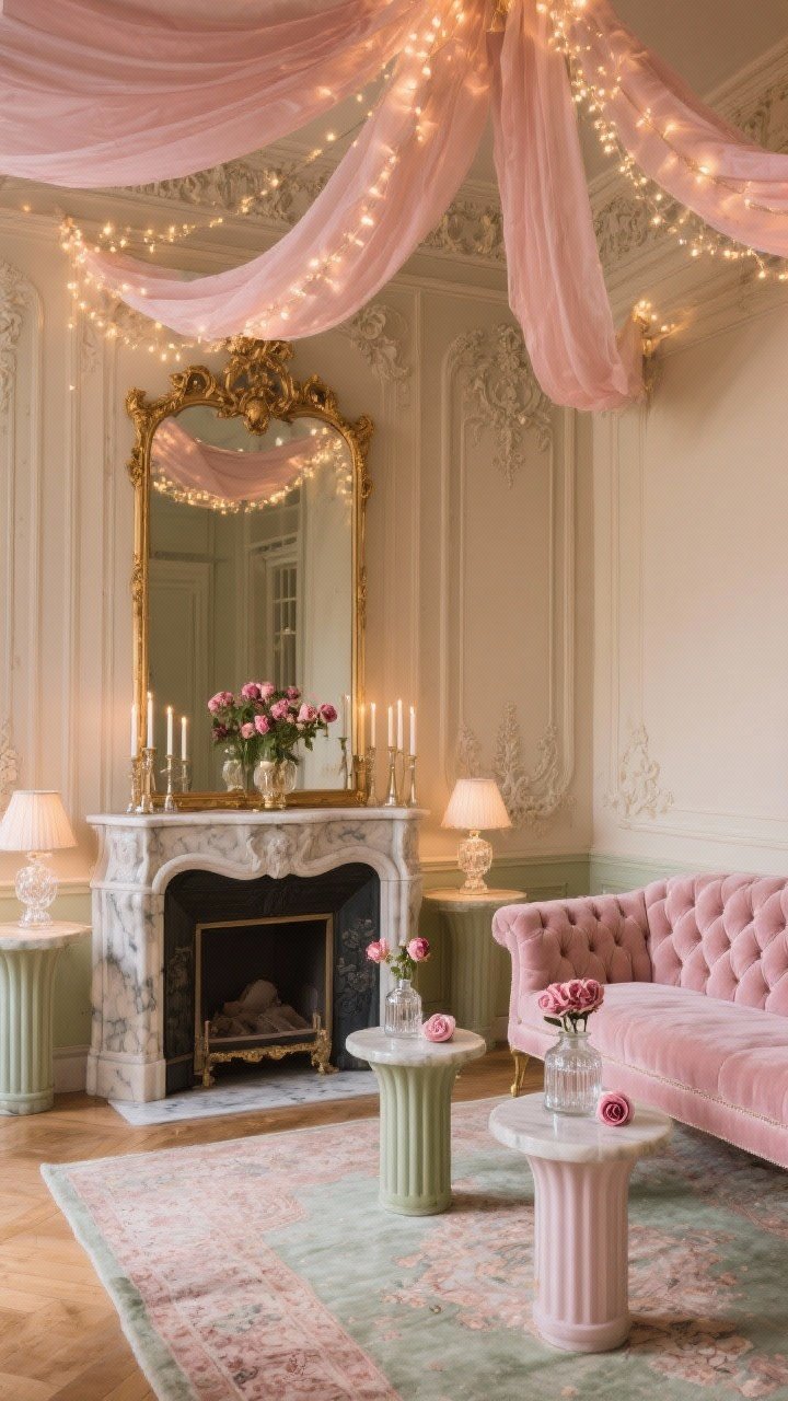 Wide shot: A Parisian parlour with mushroom beige walls and ornate plaster moldings, a vintage marble fireplace with a gilded mirror above reflecting warm fairy lights cascading from a canopy of soft pink chiffon drapes. A tufted blush velvet settee sits on a faded Persian rug in rose and soft sage tones, fluted side tables with petite crystal lamps cast low flattering light. Add taper candles and dried roses in apothecary bottles; color story blush, beige, antique gold, soft sage; intimate, decadent mood; photorealistic, no people.