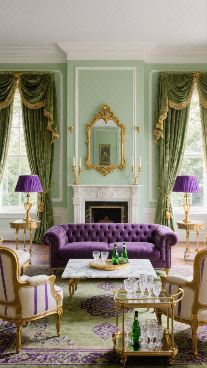 Wide shot, French Quarter Parlor: An elegant parlor with soft mossy green walls and tall white trim/picture molding. A tufted purple chesterfield anchors the room, facing a marble-top coffee table centered on a Persian-style rug with hints of amethyst and olive. Flanking are gold-framed bergère chairs upholstered in cream with a faint violet stripe. A vintage gilded mirror sits above a mantel styled with brass candlesticks, reflecting sunlight. Floor-length drapes in layered green silk with gold tiebacks frame the windows. Purple silk lampshades top antique brass table lamps. A curated bar cart displays cut-crystal glassware and green bottles. Angle: straight-on, daylight streaming through windows for refined, heritage ambiance.