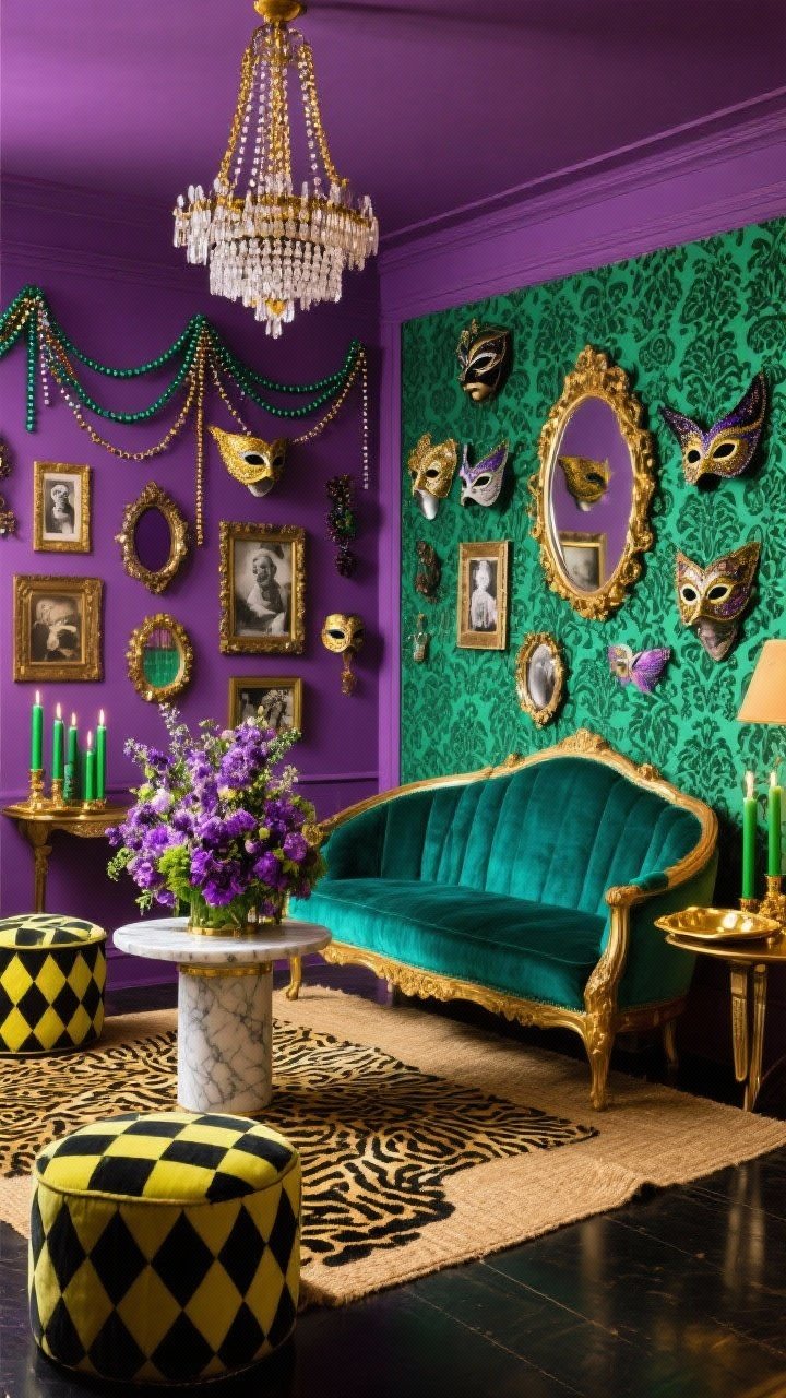 Wide shot, Maximalist Masquerade Salon: A theatrical living room with saturated eggplant purple walls and a single feature wall in green damask wallpaper. Center stage is a curved gold-framed sofa upholstered in rich emerald velvet. On the floor, a gold-and-black animal-print rug layered over a larger jute base, plus patterned ottomans in harlequin diamonds. A marble pedestal side table supports a towering floral arrangement in violets and chartreuse. Overhead, a beaded chandelier with cascading gold chains. A dense gallery wall mixes masks, mirrors, vintage photos, and metallic frames. Accessories abound: layered bead garlands, green taper candles, and gilded trays. Angle: corner wide view, dramatic layered lighting to amplify opulence.