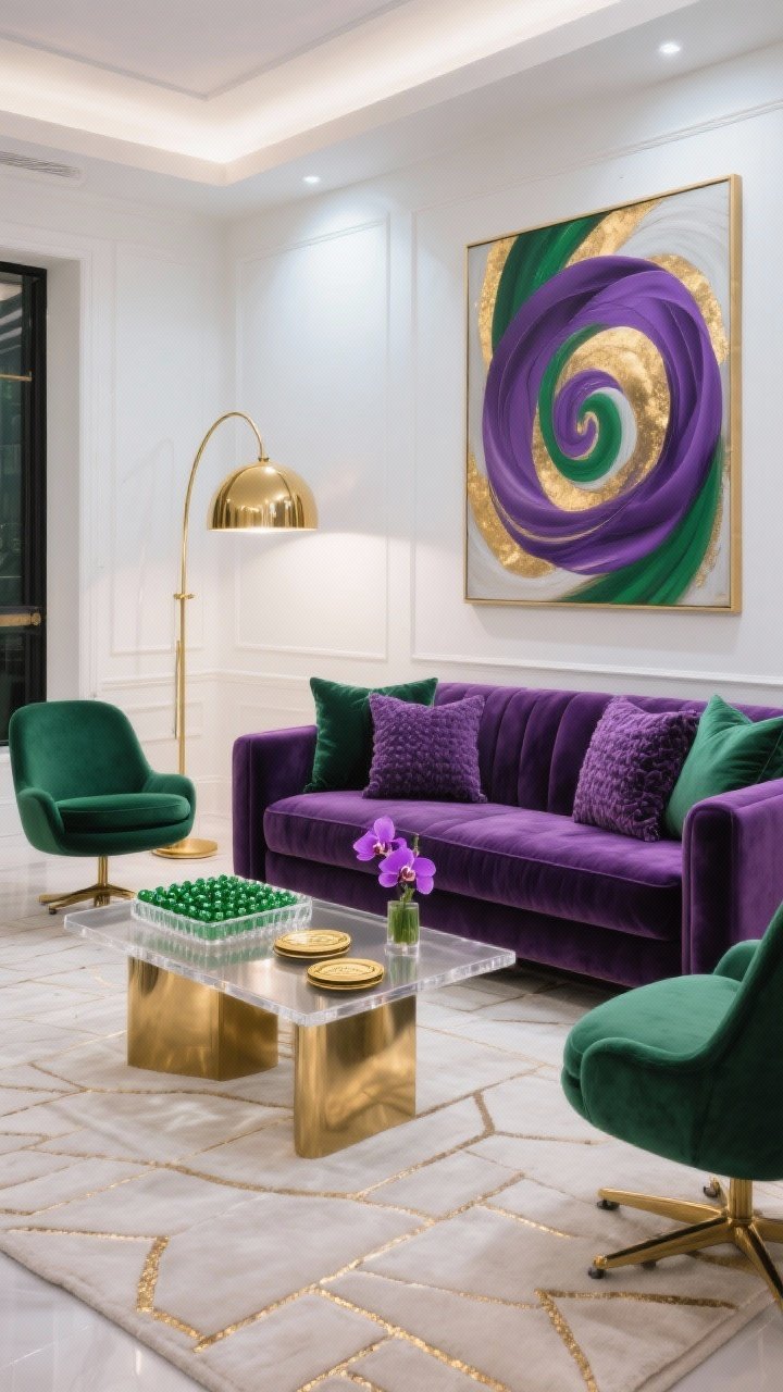 Wide shot, Modern Glam Lounge: A photorealistic living room with bright white walls and a deep-purple velvet sofa with clean lines and low profile as the focal point, paired with two emerald swivel chairs and a sleek brushed gold coffee table. A muted ivory geometric area rug with subtle metallic thread sits underfoot. Lighting from a gold arc floor lamp with a modern dome shade casts a warm glow. On the wall, a large abstract canvas swirls purple and green with gold foil accents. Textural mix of velvet, satin, and boucle pillows in tonal greens and violets. On the coffee table, a clear acrylic tray holds green glass beads, gold-rimmed coasters, and a small purple orchid. Angle: straight-on wide room view, evening ambient lighting with soft highlights off metallics.
