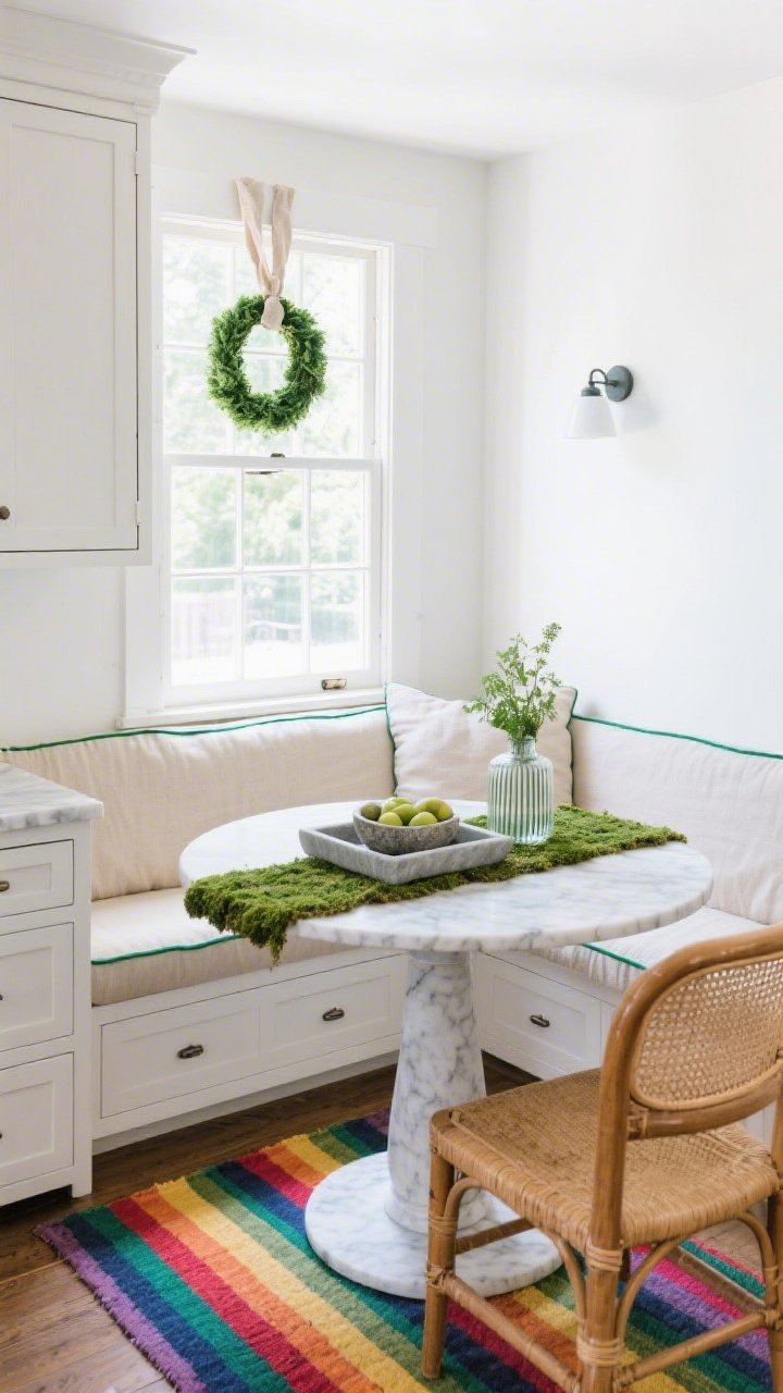 Bright kitchen nook, overhead three-quarter view for cheerful layers: built-in bench seating with oatmeal linen cushions edged in moss-green piping around a round marble-top pedestal table; white shaker cabinetry framing the nook; on the French door, a petite emerald wreath tied with a natural linen ribbon; beneath the table, a slim rainbow-striped flatweave rug; tabletop styled with a concrete tray holding a small faux moss runner, a stone fruit bowl, and a ribbed glass vase with clipped kitchen herbs; matte white wall sconce nearby; cane-back side chairs and bench drawers visible for practicality; crisp morning light, clean and café-chic; photorealistic.