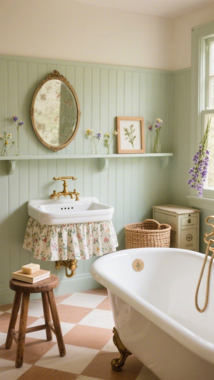 Closeup/detail shot from tub height in “The Wildflower Washroom”: freestanding slipper tub on soft clay-and-cream checkerboard floor; brushed brass shower fixture gleaming in warm afternoon light; vertical beadboard in celadon with a slim shelf displaying tiny pressed wildflowers in simple oak frames; skirted sink in ditsy floral fabric partially visible; antiqued oval mirror with foxed glass reflecting beadboard; woven hampers and a vintage pharmacy cabinet in the background blur; a painted wooden stool beside the tub holding soap and a novel; a sprig of lavender hanging by the window; fresh, delicate, fairytale mood, photorealistic.