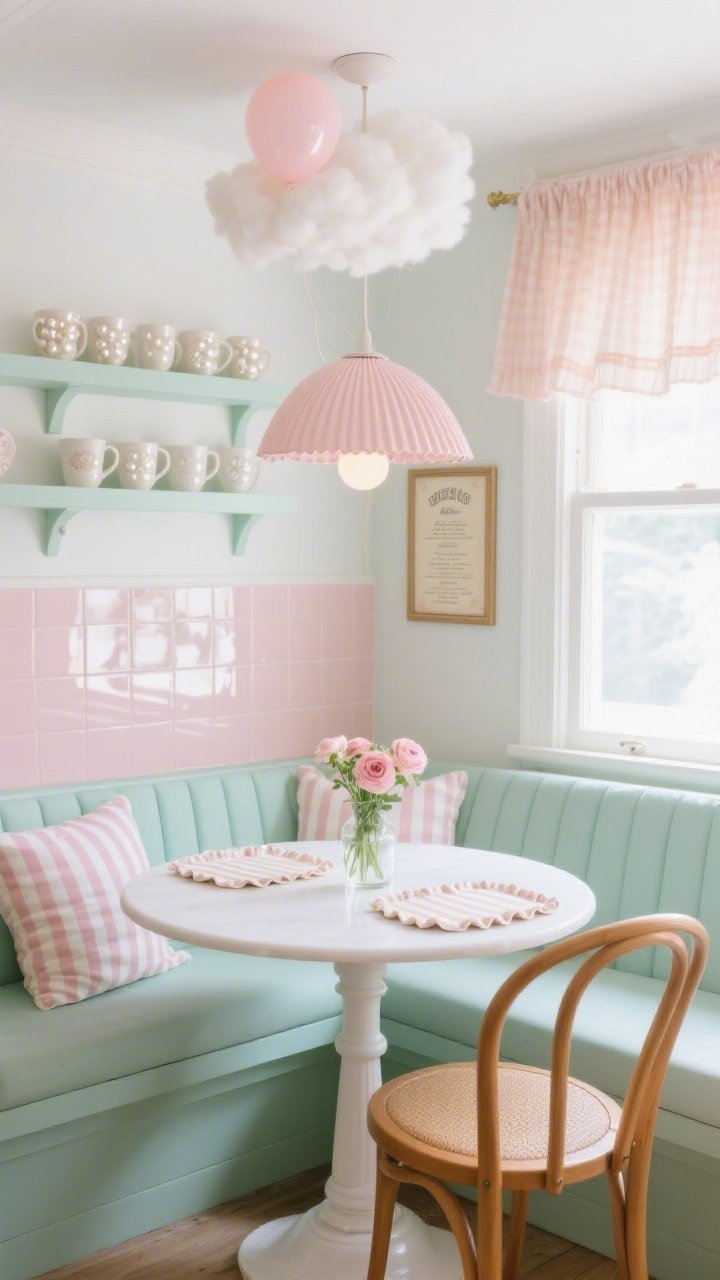 Closeup/medium of a whimsical kitchen nook, morning light: built-in banquette painted soft mint with striped cushions; round white pedestal table centered. Overhead, a blush pleated pendant casts a flattering glow. Petite pastel balloon cloud drifts along the ceiling line above. Open shelves display pearlized ceramic mugs; a pale pink mirrored backsplash tile adds soft sparkle. Bentwood café chairs pulled up, scalloped-edge placemats on table, gingham curtains framing a bright window. Tiny framed vintage menu and a vase of ranunculus on the table. Palette: mint, blush, buttercream, bright white. Straight-on composition, photorealistic.