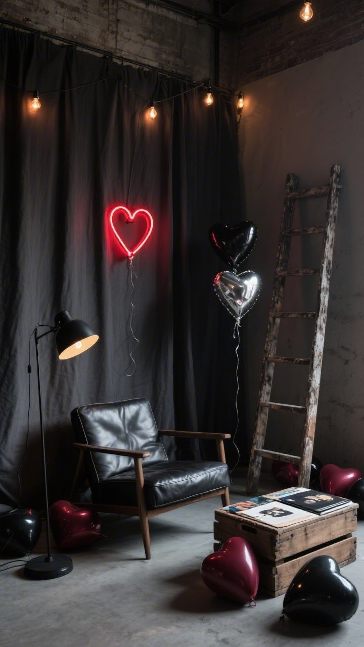 Corner-angle medium shot: Moody indie loft setup with a charcoal muslin backdrop and a distressed wood ladder leaning on one side. Scattered matte black and deep-burgundy heart balloons with a couple silver chrome hearts for flash. A red neon lightning heart hangs slightly off-center; loose droops of Edison bulb fairy lights above create warm highlights. Rugged leather armchair, crate coffee table topped with indie zines/records. Matte black floor lamp with a warm bulb adds shadowy depth. Color palette: charcoal, oxblood, black, silver. Textures: leather, raw wood, concrete, soft muslin. Photorealistic, broody atmosphere.
