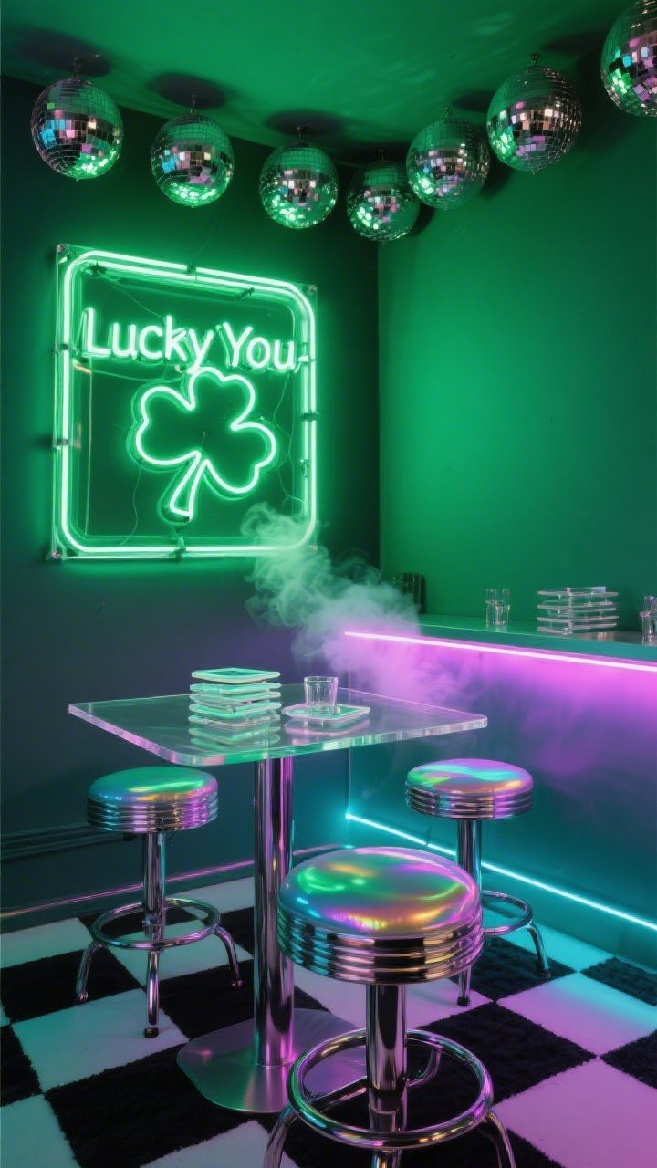 Corner-angle medium shot, neon club nook: neon-sign-framed metallic green backdrop reading “Lucky You” (or shamrock outline) glows electric green; mirror balls clustered from a chrome rail create a floating effect. A clear lucite bar table with chrome bar stools upholstered in iridescent vinyl sits on a black-and-white checkerboard floor rug. A compact LED light bar washes hints of magenta and teal across lucite and chrome; stacked acrylic trays and mirrored coasters on the bar, a small smoke haze for atmosphere. Textures: lucite, chrome, vinyl, neon glow. Photorealistic, vibrant low-light.