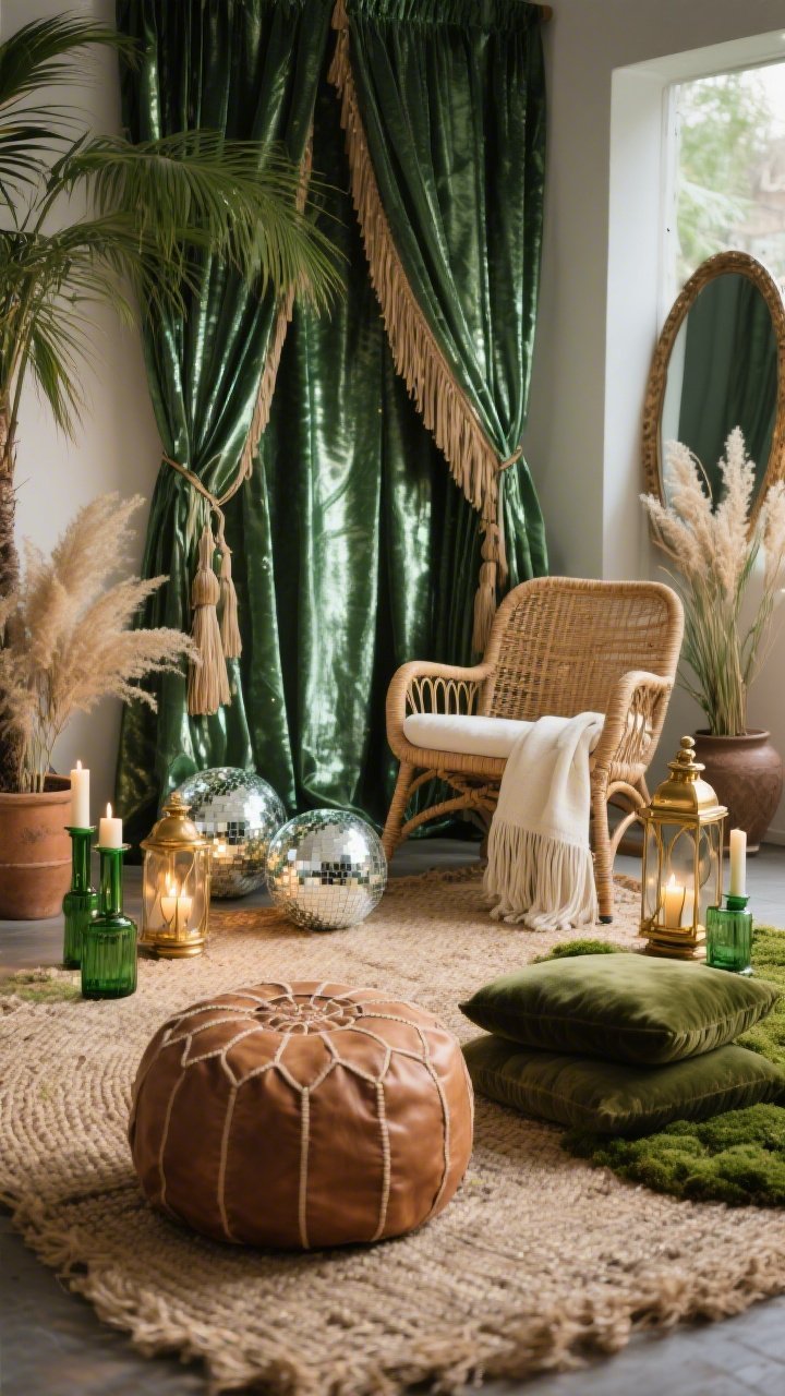 Cozy boho den closeup: metallic green fabric backdrop with silky fringe panels draping softly; a small cluster of disco balls low to the floor casting twinkly reflections across a chunky jute rug. Foreground shows a camel leather pouf, rattan lounge chair with a cream throw, antique brass lanterns, and green glass candleholders creating a warm perimeter glow; potted palms and dried grasses peek in, with moss velvet floor cushions stacked nearby. Palette: metallic green, camel, cream, natural rattan, antique brass. Textures: fringe, jute, leather, rattan, mirror. Soft, cozy lighting. Photorealistic, intimate detail angle.