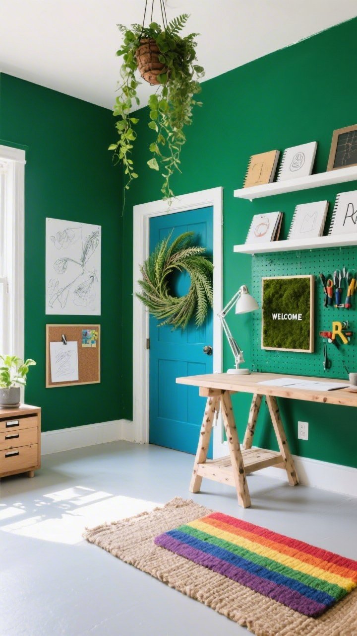 Creative studio, dynamic medium-wide shot from a corner: back wall painted saturated gallery green (deep forest with a hint of blue) with white floating shelves holding sketchbooks; birch worktable on sawhorse legs with flat-file drawers nearby; pegboard with organized tools; door displays a sculptural emerald wreath woven with dried fern fronds; under the desk, a rainbow welcome mat layered over a larger jute rug for a pop of color; decor includes clip-on lamps, a cork mood board, and faux moss letterboard initials; a hanging planter with trailing faux greenery adds height; bright, even daylight that energizes while the green wall grounds the space; photorealistic, no people.