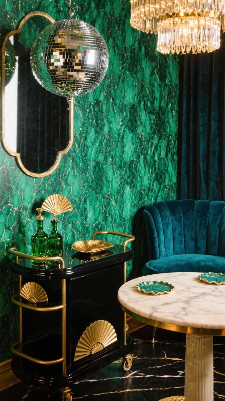 Detail closeup, Art-Deco cocktail parlor: malachite-print wallpaper panel as a metallic green backdrop fills the frame, with the edge of an oversized disco ball reflecting the room; foreground shows a black lacquer bar cart with fan-shaped brass details holding emerald glass decanters and brass shell trays; a sliver of a deep teal velvet barrel-back chair and a round marble pedestal table with scalloped coasters. Palette: malachite green, teal, black, brass, cream. Textures: velvet, lacquer, marble, mirror. Warm, glamorous Deco lighting with a hint of fan-motif chandelier glow. Photorealistic, tight detail composition.