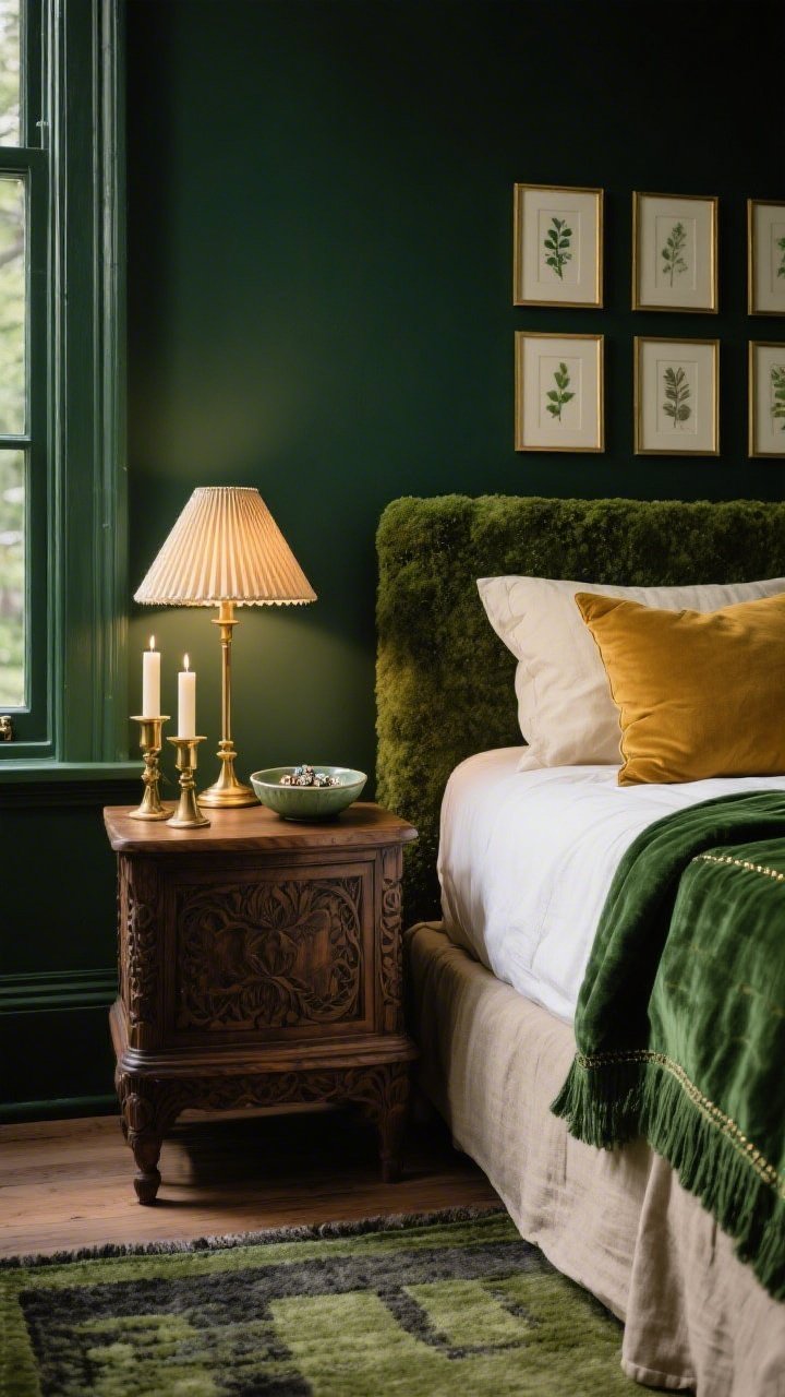 Detail closeup, bedside still-life in a Moody Green Bedroom Retreat: dark moss walls enveloping the scene, including window trim interior; carved wood bed edge with flax linen bedding, bottle green velvet throw, hand-stitched pillows in ochre and cream softly out of focus; petite brass lamp with a pleated shade casting warm pool of light; shallow ceramic dish for jewels; couple of pillar candles in heavy brass holders; grid of small botanical prints in slim brass frames hinted on wall; overdyed rug in olive and charcoal texture at bottom edge; cocooned, serene mood; photorealistic.