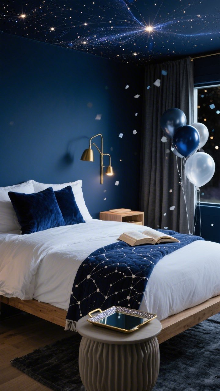 Detail closeup in a celestial bedroom, nighttime: focus on bedding textures—crisp white sheets, midnight blue quilt, velvet Euro shams—on a low-profile oak bed, with a fluted nightstand holding a mirrored tray (sparkle) and a constellation-print throw draped at the edge. Deep indigo walls softly fade into a fiber-optic star ceiling twinkling overhead; slender brass swing-arm sconce casts a warm reading glow on pages of a book. In the background, a plush charcoal rug and linen blackout curtains barely visible, with a delicate constellation of matte navy, silver, and clear confetti balloons floating near the window out of focus. Palette: indigo, slate, white, soft brass. Photorealistic.