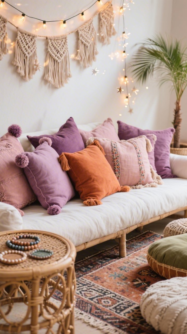 Detail closeup, low angle: A daybed or low, overstuffed sofa piled with mauve, terracotta, and dusty-rose pillows in varied shapes and finishes—fringed, pom-pom, and embroidered—showing rich textile detail; macramé garlands overhead with warm string lights woven through them creating a starry bokeh; edge of a rattan side table holding beaded coasters, with a patterned kilim rug and a cluster of floor cushions blurred in the background; potted palm leaves peeking in; palette of mauve, terracotta, sand, soft white, and olive; textures of cotton slub, tassels, rattan, and woven wool; photorealistic, layered boho warmth.