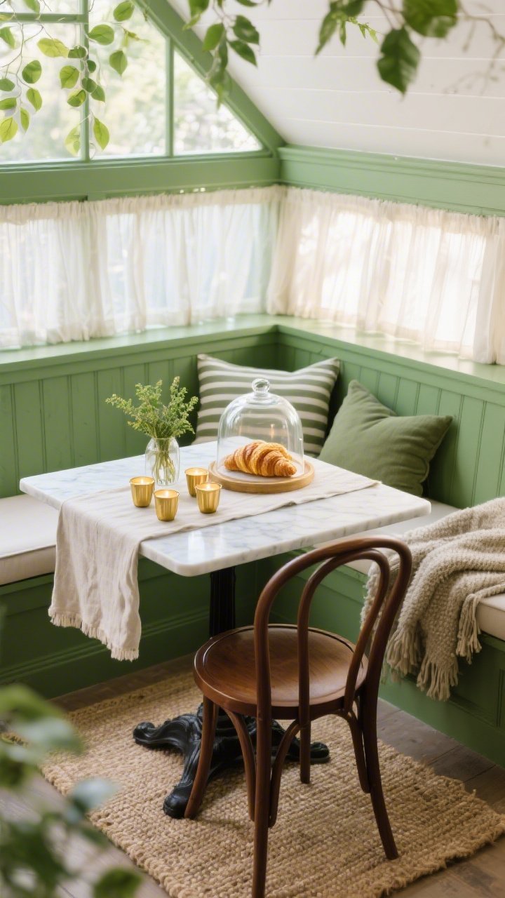 Detail closeup, overhead angle of a Greenhouse Breakfast Nook table vignette: saturated fern green millwork in soft morning light with warm white ceiling glow; petite marble bistro table on a jute rug; washed-linen runner; cluster of beeswax votives in tiny brass cups; glass cloche over golden croissants; small vase with clipped herbs; hints of striped cushions and nubbly throws in sage and putty on a built-in bench blurred in background; bentwood café chair edge in dark walnut; sheer café curtains diffusing sunlight; fresh, leafy mood; photorealistic.