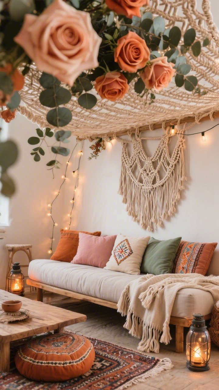 Detail closeup, slightly low angle, photorealistic shot of a cozy boho den’s textural flower canopy: a macramé wall hanging draped above a loveseat with spray roses and eucalyptus woven through the cords to form a relaxed canopy; foreground hints of terracotta, blush, sage, and sand textiles—embroidered pillows and cotton throws with tassels on a loveseat edge; blurred background suggesting a low mango-wood coffee table, Berber-style rug, floor cushions, and lanterns/string lights; warm ambient glow, earthy and romantic.