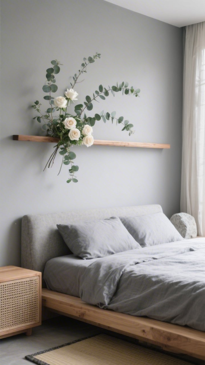 Detail closeup, straight-on crop above headboard: A Japandi bedroom’s minimal horizontal ikebana-inspired floral beam mounted just above a low platform bed dressed in stone-gray linen. Sparse, architectural stems of eucalyptus and white-to-cream roses create strong lines with intentional negative space. Soft gray wall, natural oak nightstand edge, and hints of woven tatami mat and cotton gauze curtains appear in frame; a smooth stone accent rests nearby. Lighting is gentle, diffuse daylight, emphasizing texture and calm. Palette: soft gray, natural oak, ivory, eucalyptus green. Photorealistic, serene.