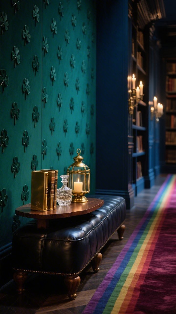 Detail closeup vignette in a moody library: deep inky blue/forest green wall panel with a subtle scattering of matte shamrock decals forming a refined, embossed-like pattern; foreground shows a leather ottoman or dark wood side table holding a low gold lantern cluster beside brass bookends and a crystal decanter set; materials spotlight—leather, brass, dark wood, velvet hinted in background; saturated stripe edge of a rainbow runner crossing the aisle in soft focus; candlelit, whisper-quiet luxury with warm, low lighting; photorealistic.