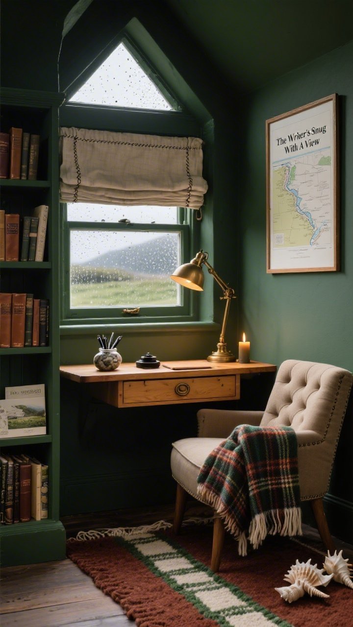Detail-focused medium shot of “The Writer’s Snug With A View,” framed on the dormer window and desk: a petite honeyed-wood roll-top desk beneath the window with a vintage brass desk lamp on, a jar of fountain pens, and a pebble paperweight; dark moody green walls cocooning the nook; narrow bookcase holding leather-bound journals, field guides, and a framed map of the Wild Atlantic Way; a cushy tufted slipper chair draped with a tartan wool throw; hand-knotted runner in russet, clover, and cream; linen Roman shade with stitched border; a ceramic ink well and a few seashells; rain-speckled window light with a lit peat-scented candle, cozy and contemplative, photorealistic.