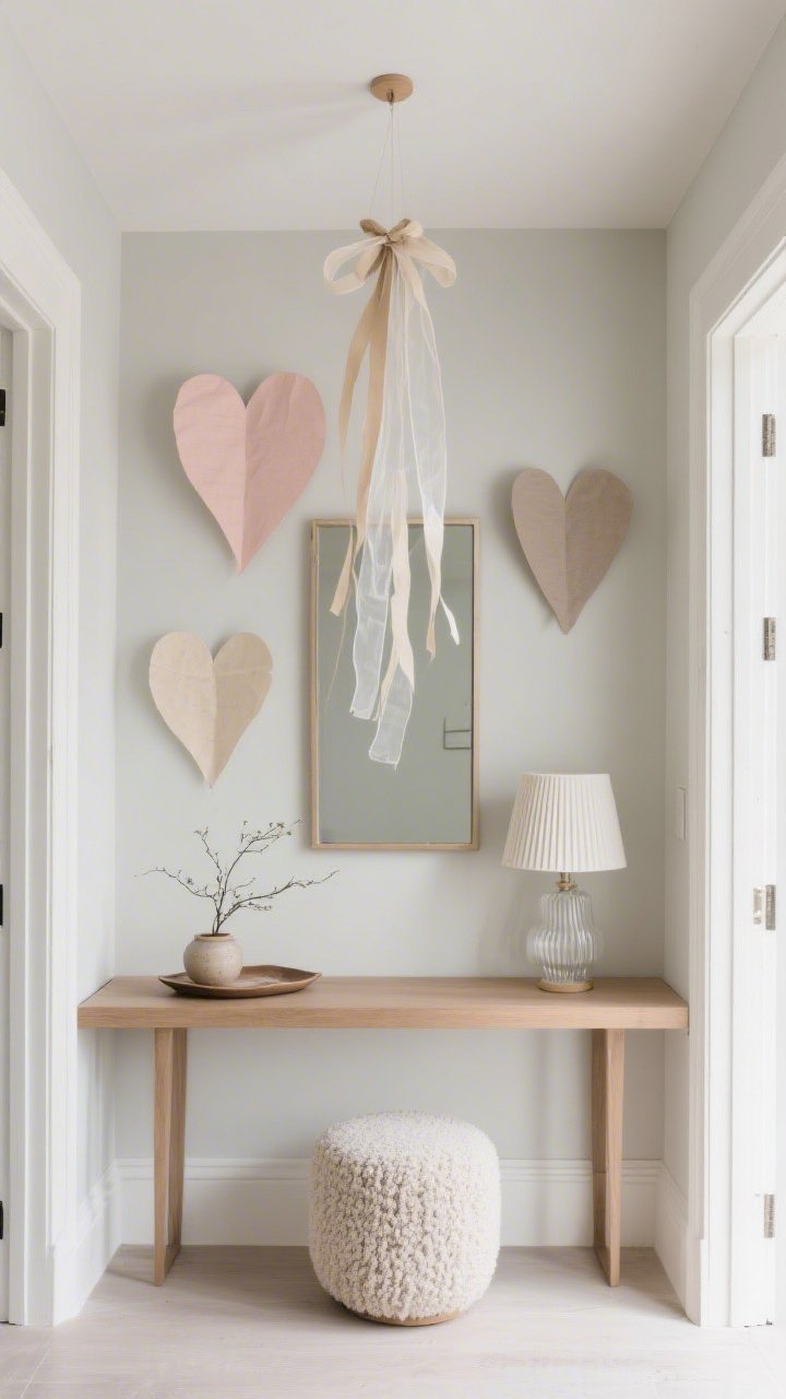 Detail/medium entryway vignette, serene and sculptural: pale greige foyer with a slim wood console beneath a slim framed mirror; three to four oversized paper hearts in parchment, blush, and soft taupe float above, spaced like gallery pieces using museum-puttied, perfectly flat placement; from the ceiling, a single ribbon mobile of transparent organza, linen, and satin strands at staggered lengths moving gently; boucle round stool tucked under the console; ceramic tray catch-all, small branch arrangement, ribbed glass lamp; calm, airy daylight, photorealistic, straight-on close framing.