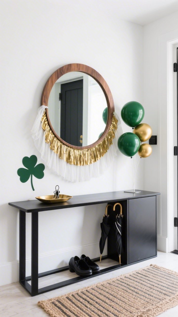 Detail/medium hybrid, straight-on photorealistic shot of a Modern Minimal Entryway Moment: slim black console against a white wall, round oak mirror above. Mirror framed by neatly trimmed gold foil fringe panels to mirror height, edges softened by taut, clean-lined white tulle. Architectural balloon stack on one side of the console: matte forest green orbs in three sizes with a few mirror-finish gold spheres. On the console: brass tray for keys; minimalist clover decal on the mirror; striped jute runner below, hidden shoe cabinet and sleek umbrella stand partially visible. Bright, even lighting to emphasize clean lines; palette forest, white, black, natural wood, metallic gold.