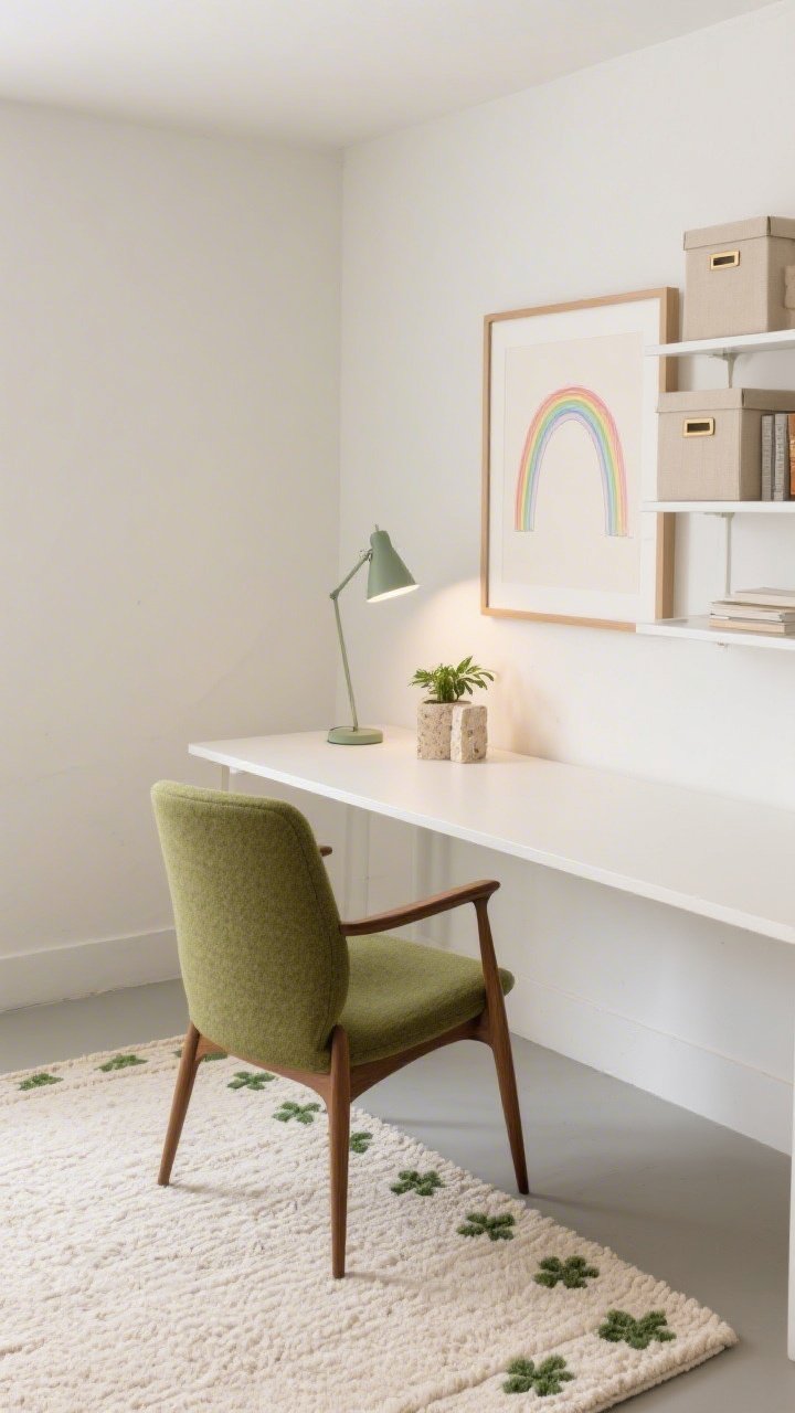 Detail/overhead office shot: a slim white desk against a plaster-look wall with a mid-century chair upholstered in sage green wool; single framed muted rainbow line drawing (pencil arcs on ivory) partially in frame; bone-colored flatweave rug with a precise micro shamrock border aligned to the desk footprint; wall-mounted shelves with oatmeal canvas storage boxes; matte sage task lamp and slim LED wall washer creating soft, shadow-free light; a single olive-toned plant and travertine bookends; minimalist, distraction-free, photorealistic.