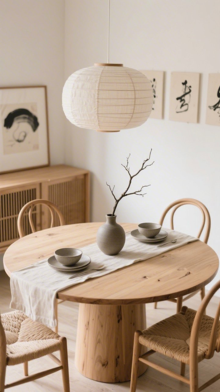 Detail/overhead shot of a Japandi Dining Nook tablescape: round light-oak pedestal table with curved wishbone chairs in natural cord partially visible at the edge. A linen table runner anchors a stoneware serving set; include a single sculptural branch in a matte ceramic vase. Soft, diffused light from a linen drum pendant above casts warm shadows. Background hints of warm white walls and a low-profile slatted-door sideboard, plus a minimal textured canvas or trio of ink brush prints slightly out of focus. Palette: warm white, oat, natural oak, charcoal accents. Photorealistic, minimal and serene.