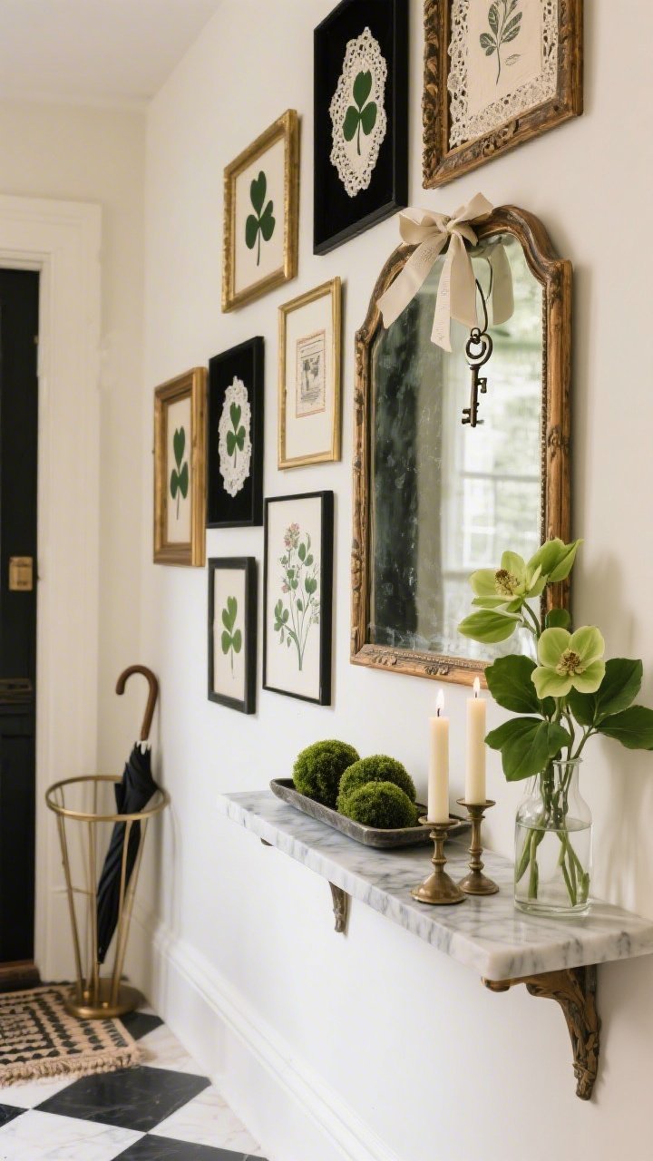 Detail shot, straight-on vignette: A petite entry wall with a floor-to-ceiling collage of slim black, brass, and painted-wood frames. Several frames are backed with lace scraps like shadow boxes, layered with tiny clover silhouettes and postage-sized floral etchings. A vintage mirror with foxed glass hangs above a narrow console holding a marble tray with mossy spheres, taper candles, and a petite posy of green hellebores. A ribbon-tied skeleton key dangles from a frame corner. Hints of a checkerboard floor runner and a classic umbrella stand at the edge. Color palette: cream, inky black, moss, antique brass. Textures: lacquered wood, lace inlay, marble, patinated metal. Soft, diffused hallway lighting. Photorealistic, no people.