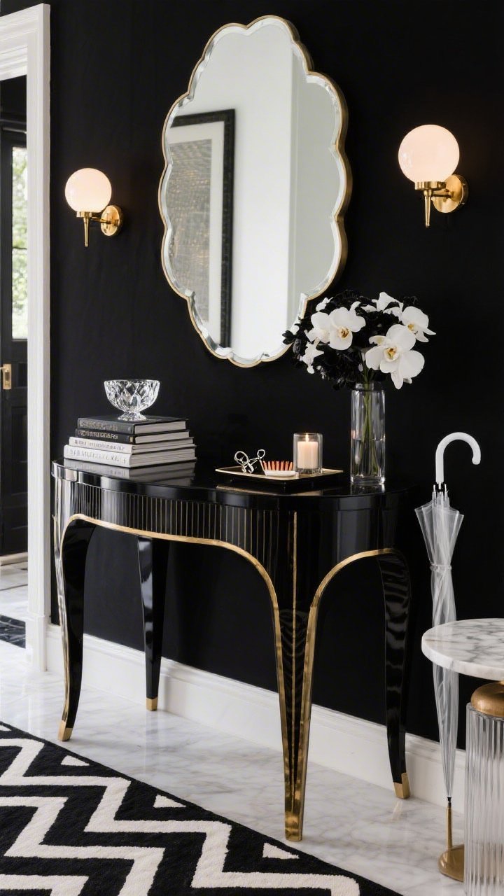 Detail, straight-on vignette of a Glam Art Deco Entryway console moment: a black lacquer crescent console with brass inlay topped by a scalloped-edge mirror. Flank with opal glass globe sconces emitting soft, cinematic light. On the console, stack of coffee-table books, a faceted crystal bowl for keys, and a small tray with a chic candle and matches; include a monochrome floral arrangement. At the side, a lucite umbrella stand and a marble-topped stool partially in frame. Hint of a black-and-ivory geometric runner leading inward. Palette: black, ivory, brass, crystal. Photorealistic, polished and dramatic.