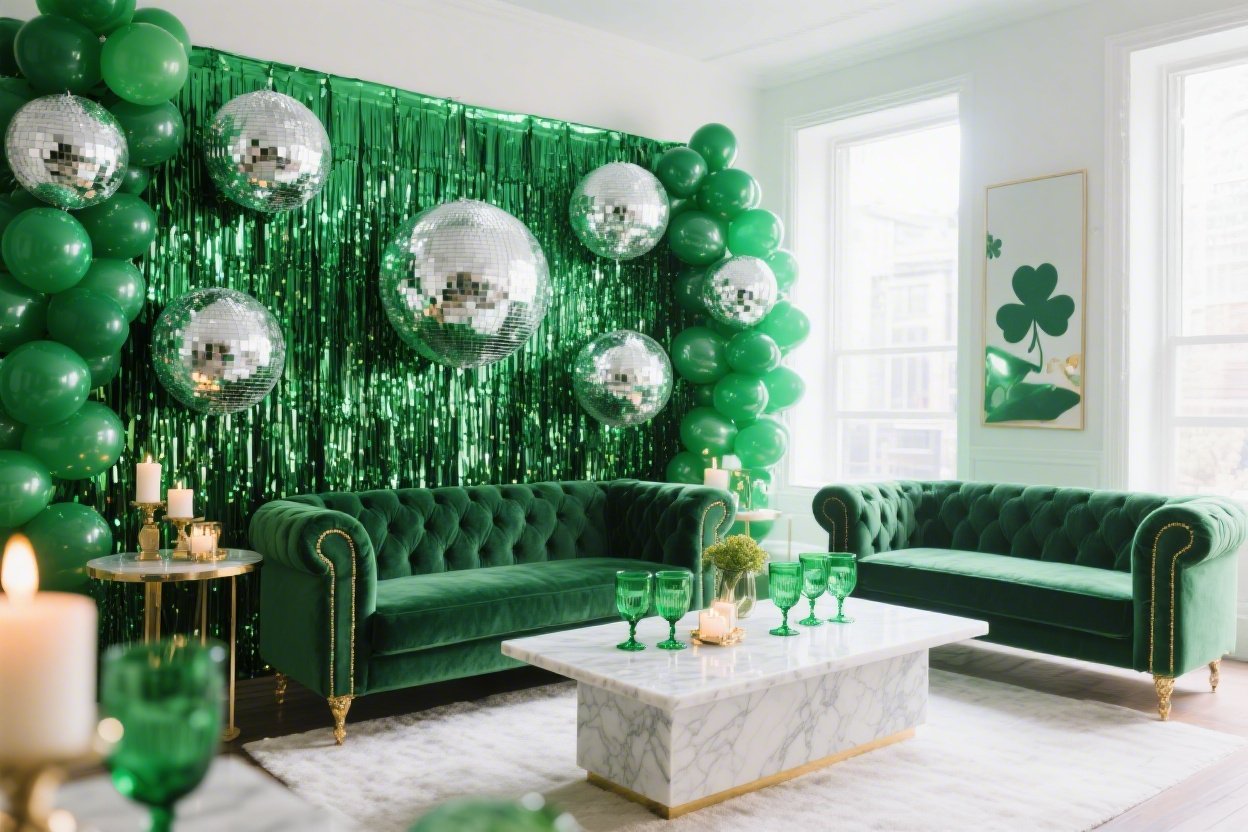 Bold & Glam St. Patrick’s Day Party Backdrop With Metallic Green and Disco Balls
