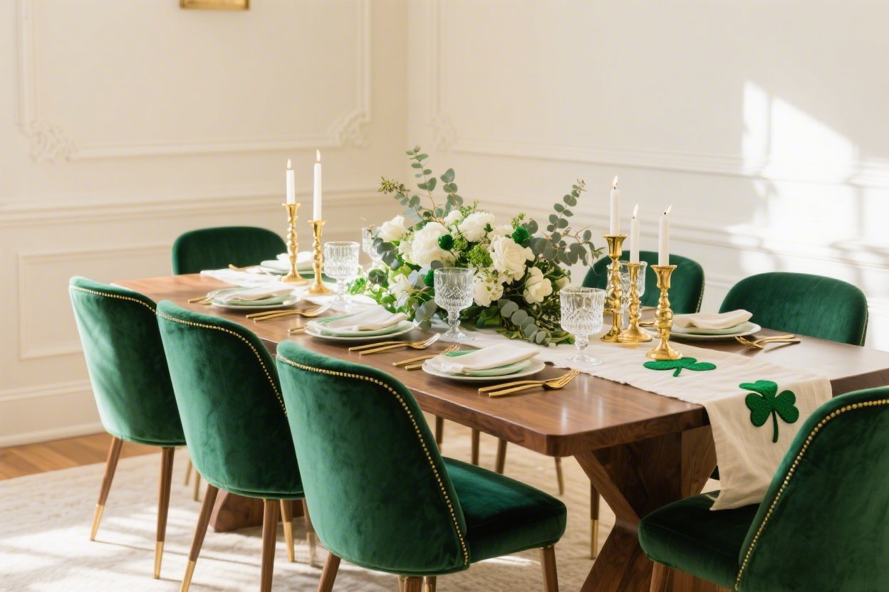Elegant St. Patrick’s Day Dining Room Decor With Emerald Velvet and Gold Accents That Dazzles